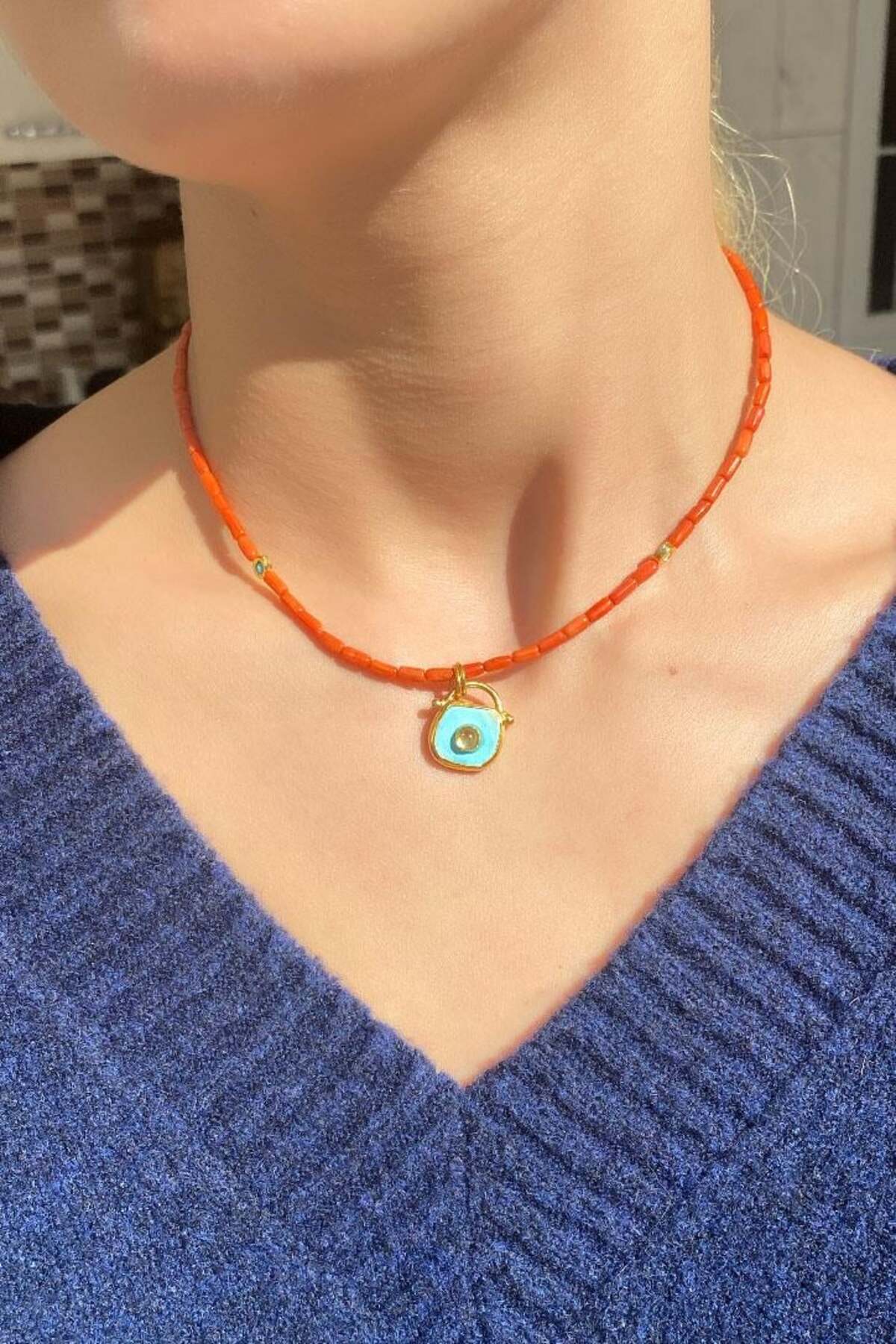 925 Ayar Gümüş, 14 Ayar Gold, Doğal Taşlı, Coral (Mercan) Taşlı, Karneol Taşlı Kolye
