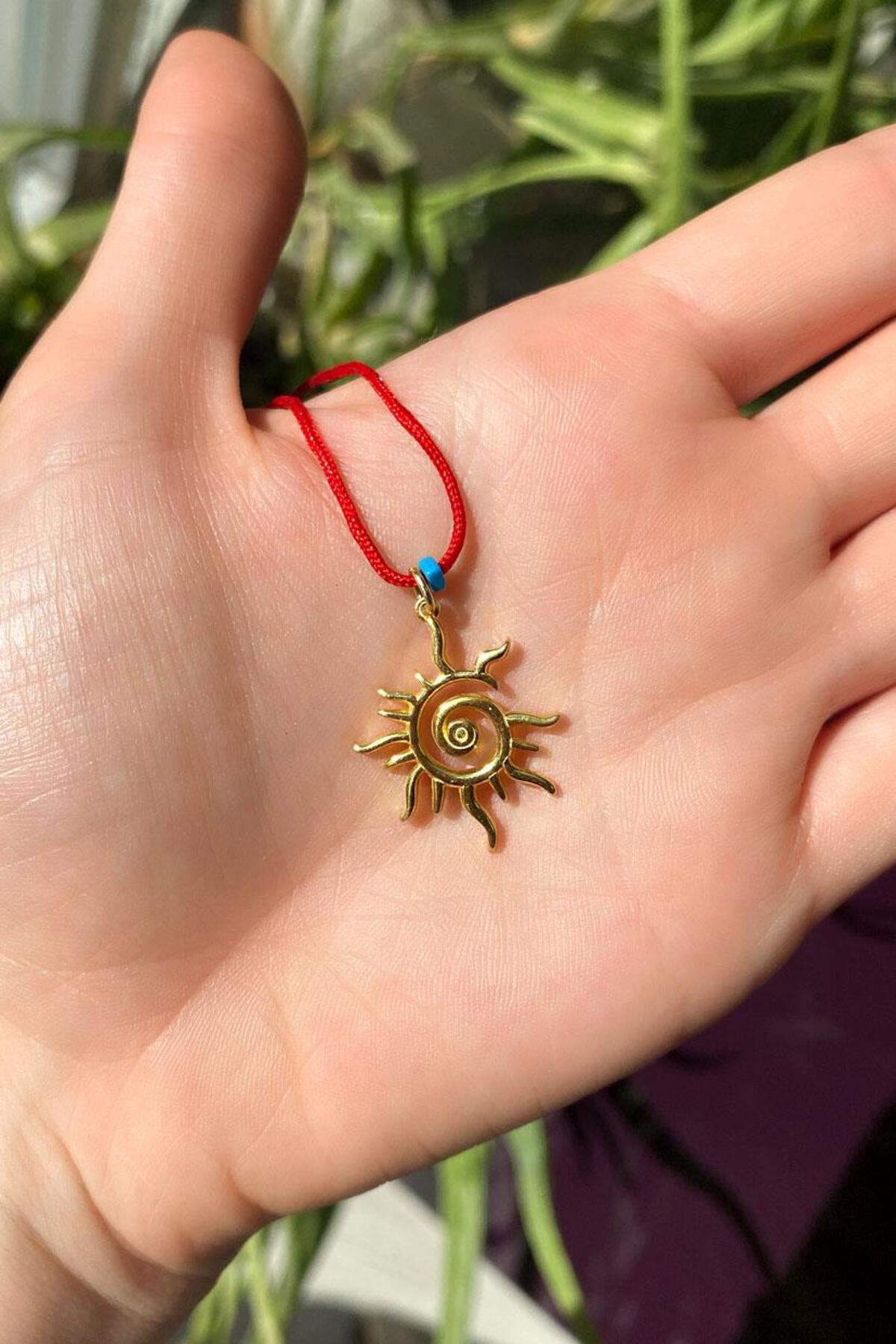 925 Ayar Gümüş, 14 Ayar Gold, Güneş Nazar Cam Göz Kırmızı İpli Kolye