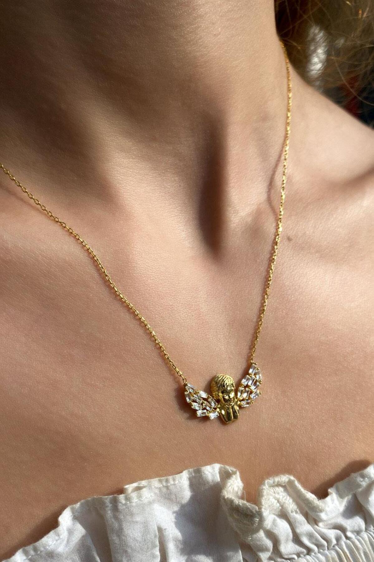 925 Ayar Gümüş, 14 Ayar Gold, Melek Kolye