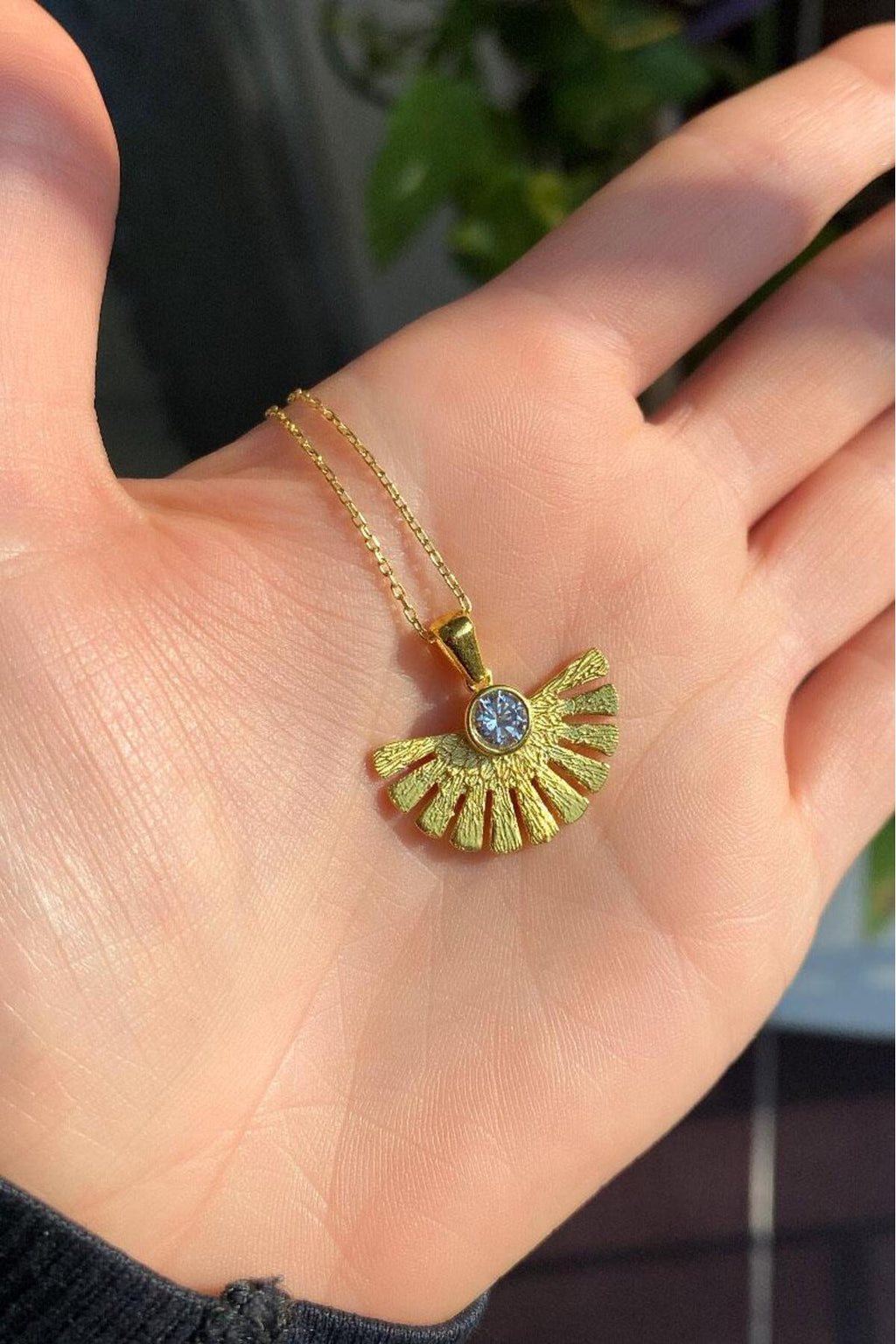 925 Ayar Gümüş, 14 Ayar Gold, Taşlı Yelpaze Kolye