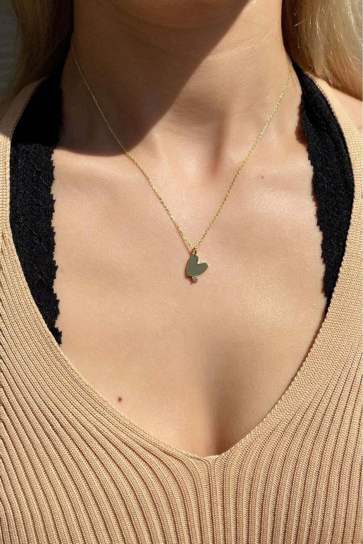925 Ayar Gümüş, 14 Ayar Gold, Lacivert Taşlı Minimal Kalp Kolye. Sevgililer Günü