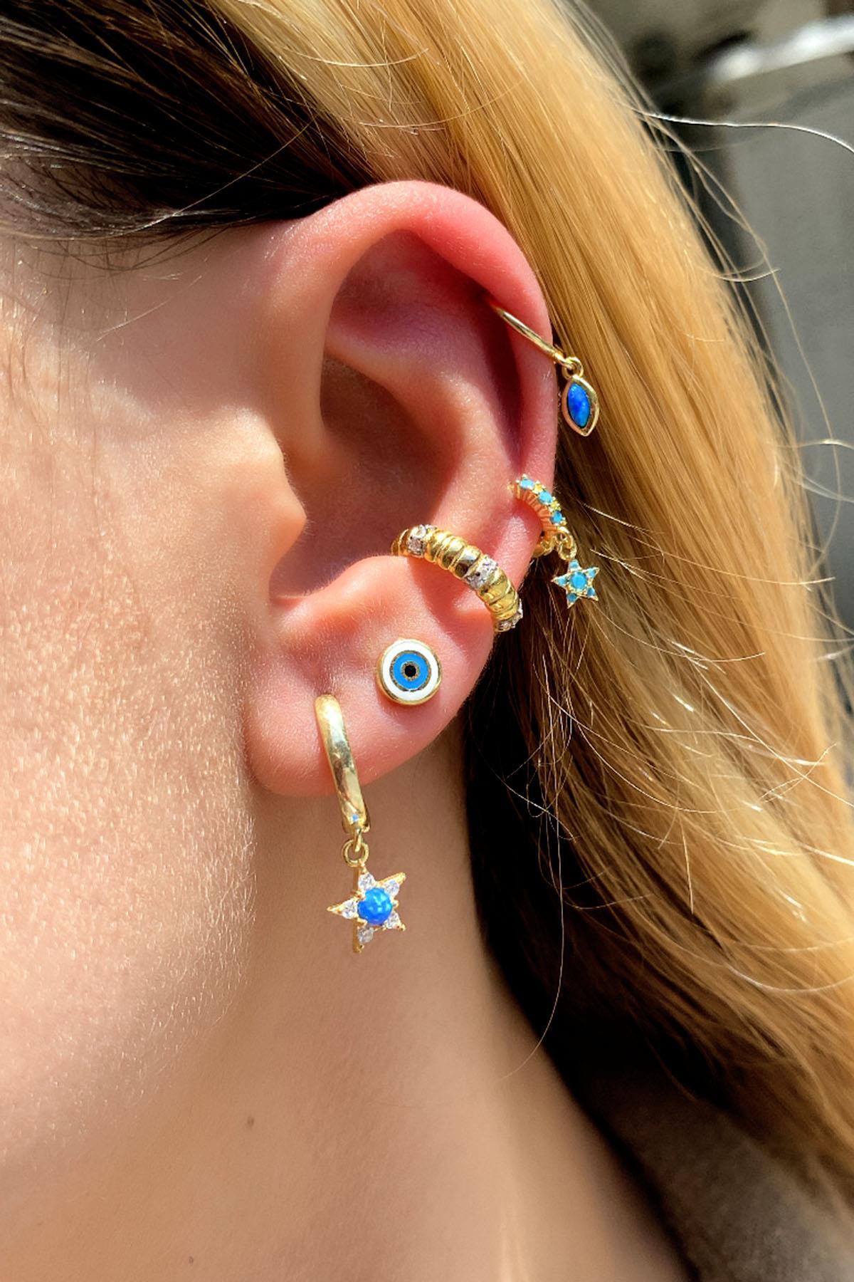 Opal Taşlı Badem Kesim Halka Piercing Küpe