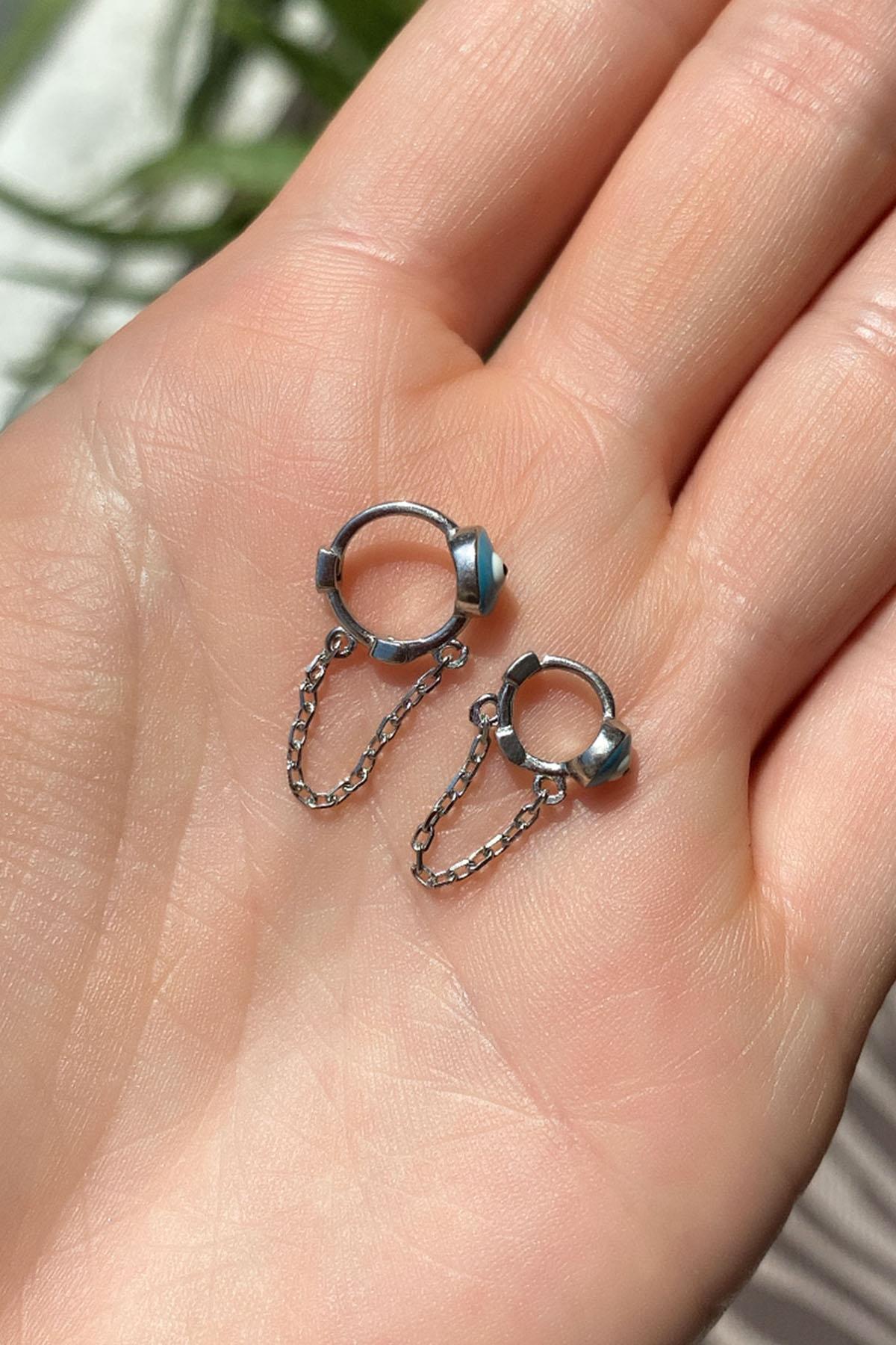 Büyük Boy Mineli Nazar Göz Zincirli Halka Piercing Küpe