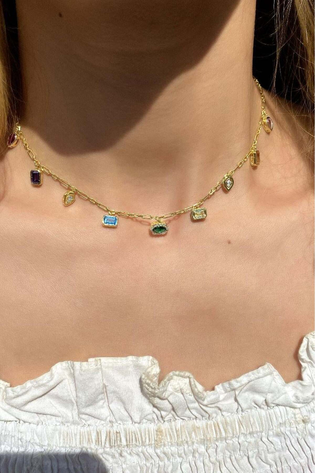 925 Ayar Gümüş, 14 Ayar Gold, Mix/Renkli Baget Taşlı Choker Kolye