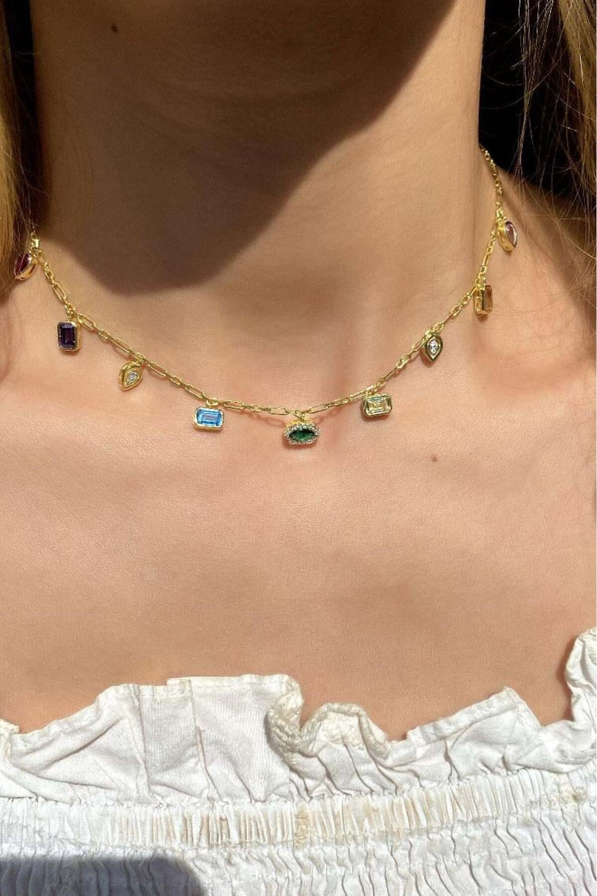 925 Ayar Gümüş, 14 Ayar Gold, Mix/Renkli Baget Taşlı Choker Kolye