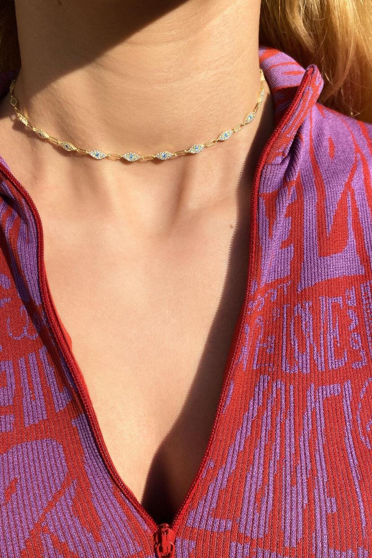 925 Ayar Gümüş, Fuşya Taşlı Göz Choker Kolye