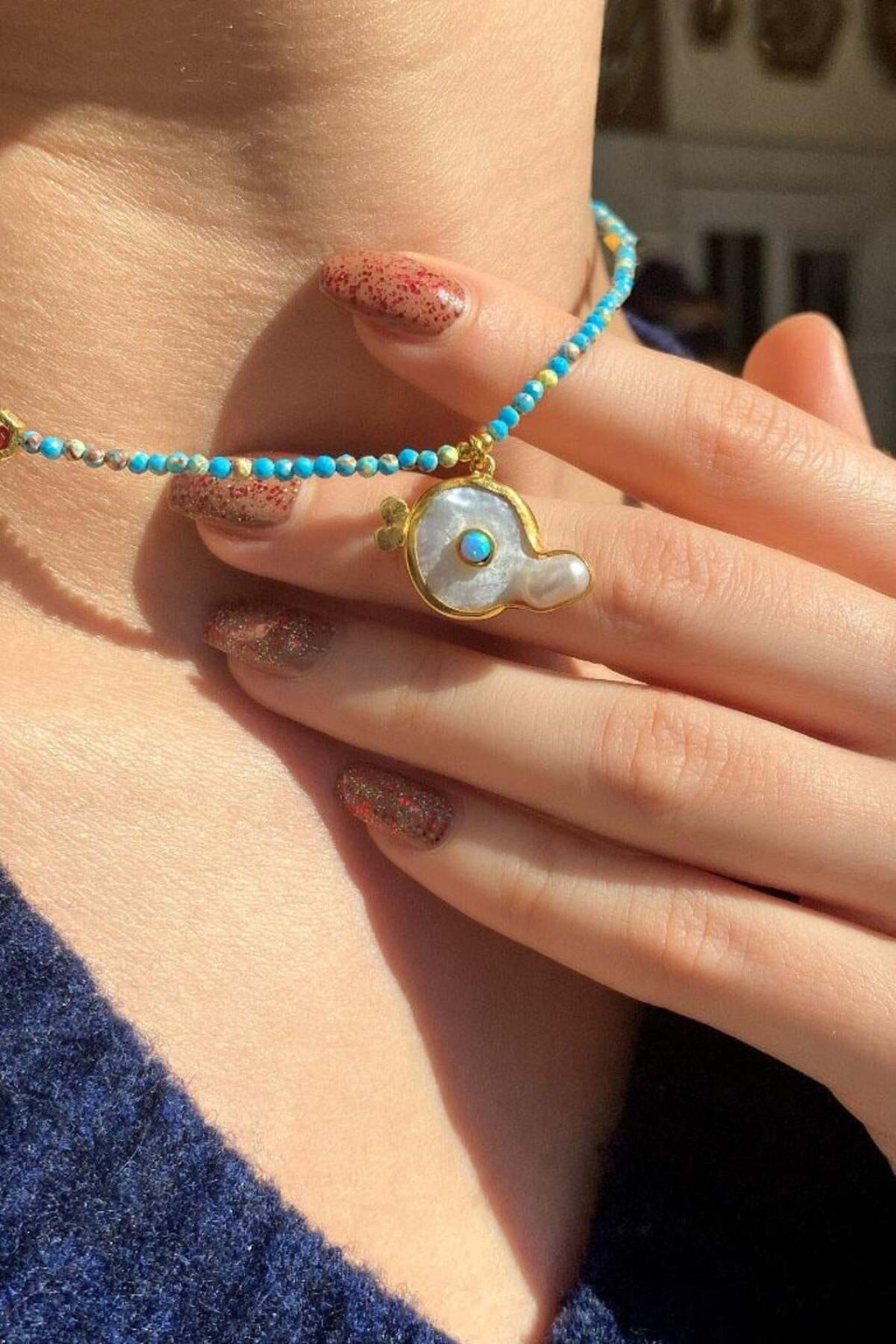 925 Ayar Gümüş, Doğal Firuze Taşlı, Kolye Ucu; Doğal Taş ve Opal Taşlı Choker Kolye