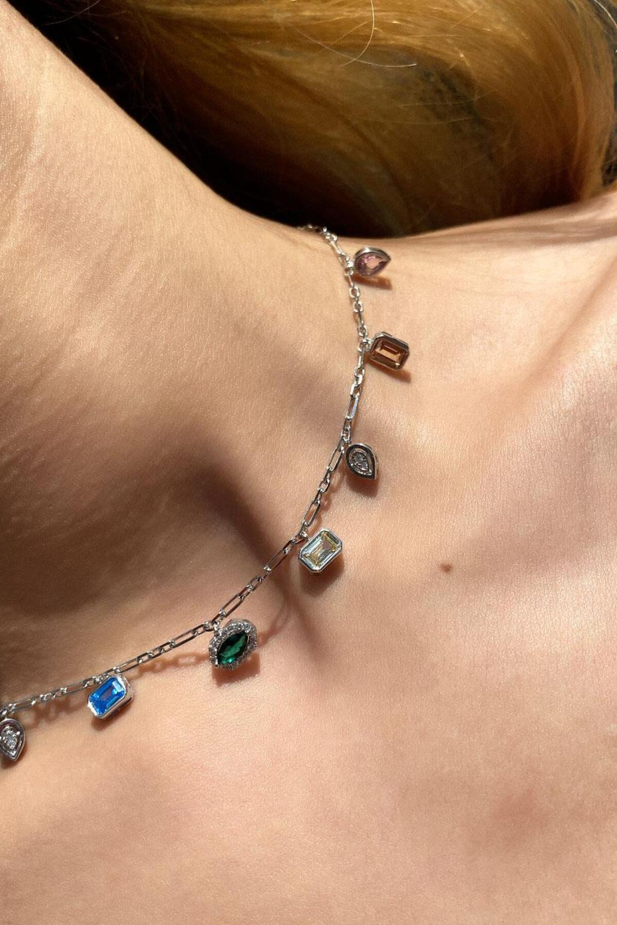 925 Ayar Gümüş, 14 Ayar Gold, Mix/Renkli Baget Taşlı Choker Kolye