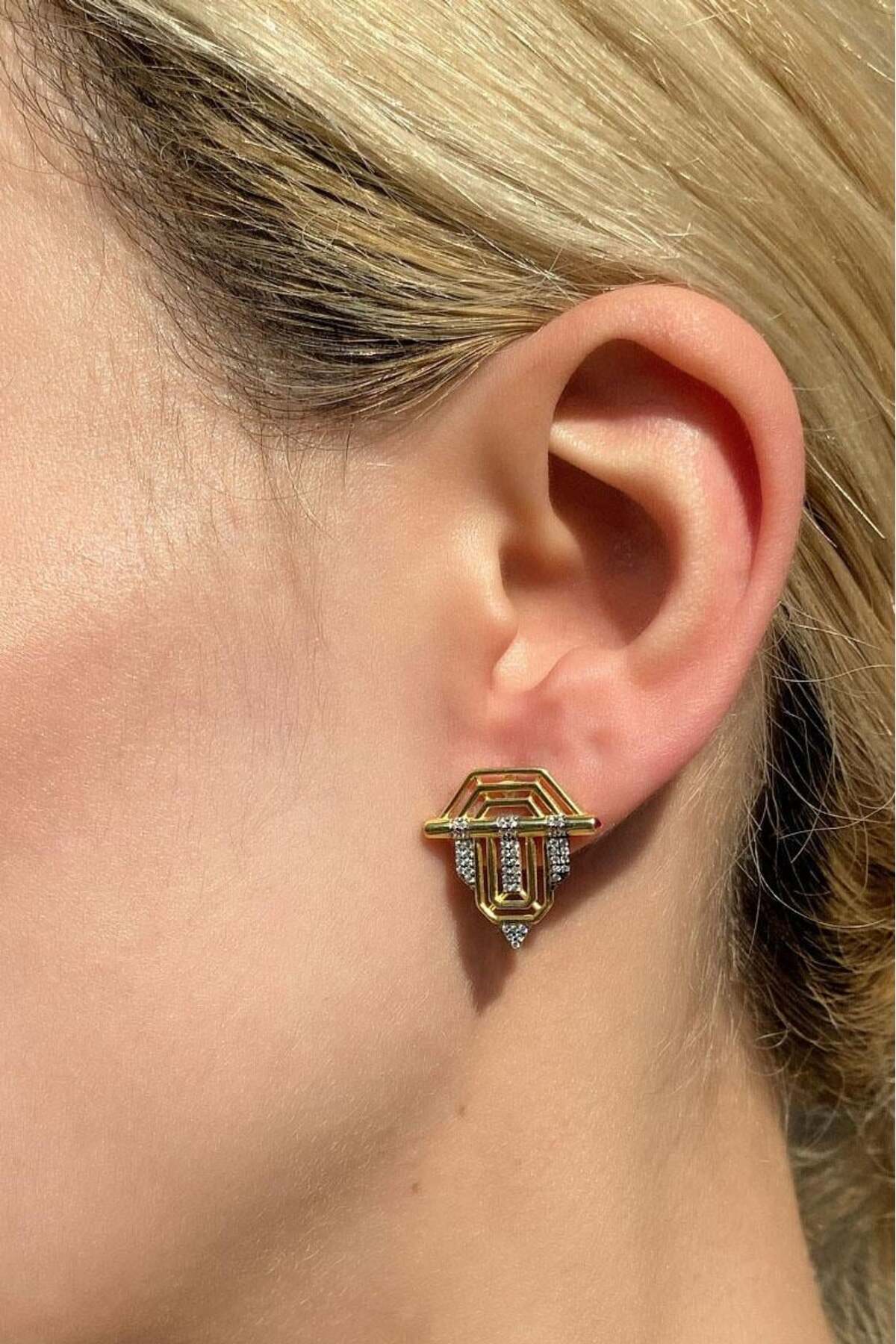 925 Ayar Gümüş, 14 Ayar Gold, 1,8cm Sembol Küpe