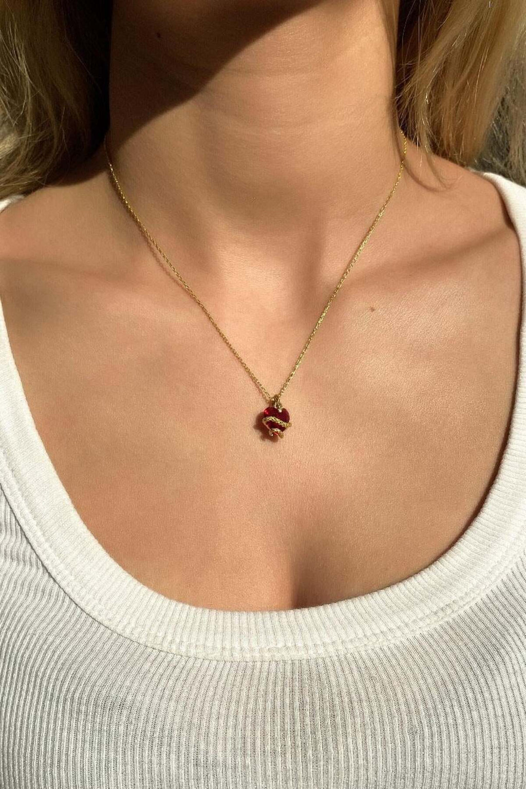 925 Ayar Gümüş, 14 Ayar Gold, Kırmızı Kalpli Yılan Kolye