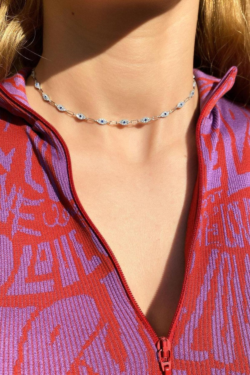 925 Ayar Gümüş, Fuşya Taşlı Göz Choker Kolye