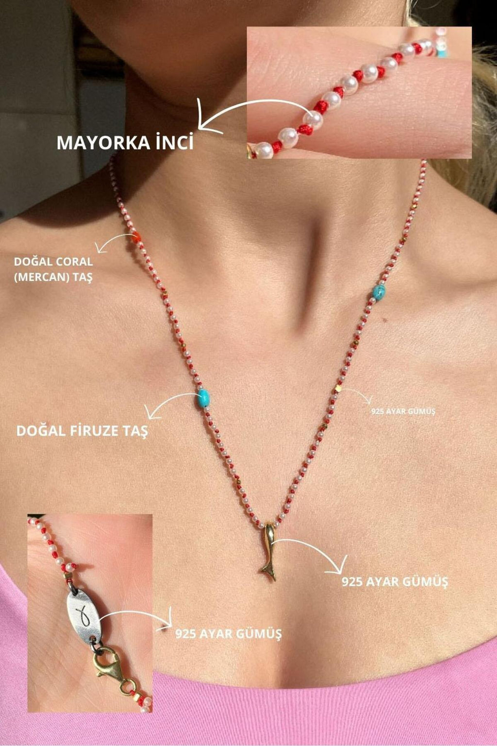 925 Ayar Gümüş, Gerçek İnci, Araları Firuze ve Coral (Mercan) Doğal Taşlı, Balık Kolye