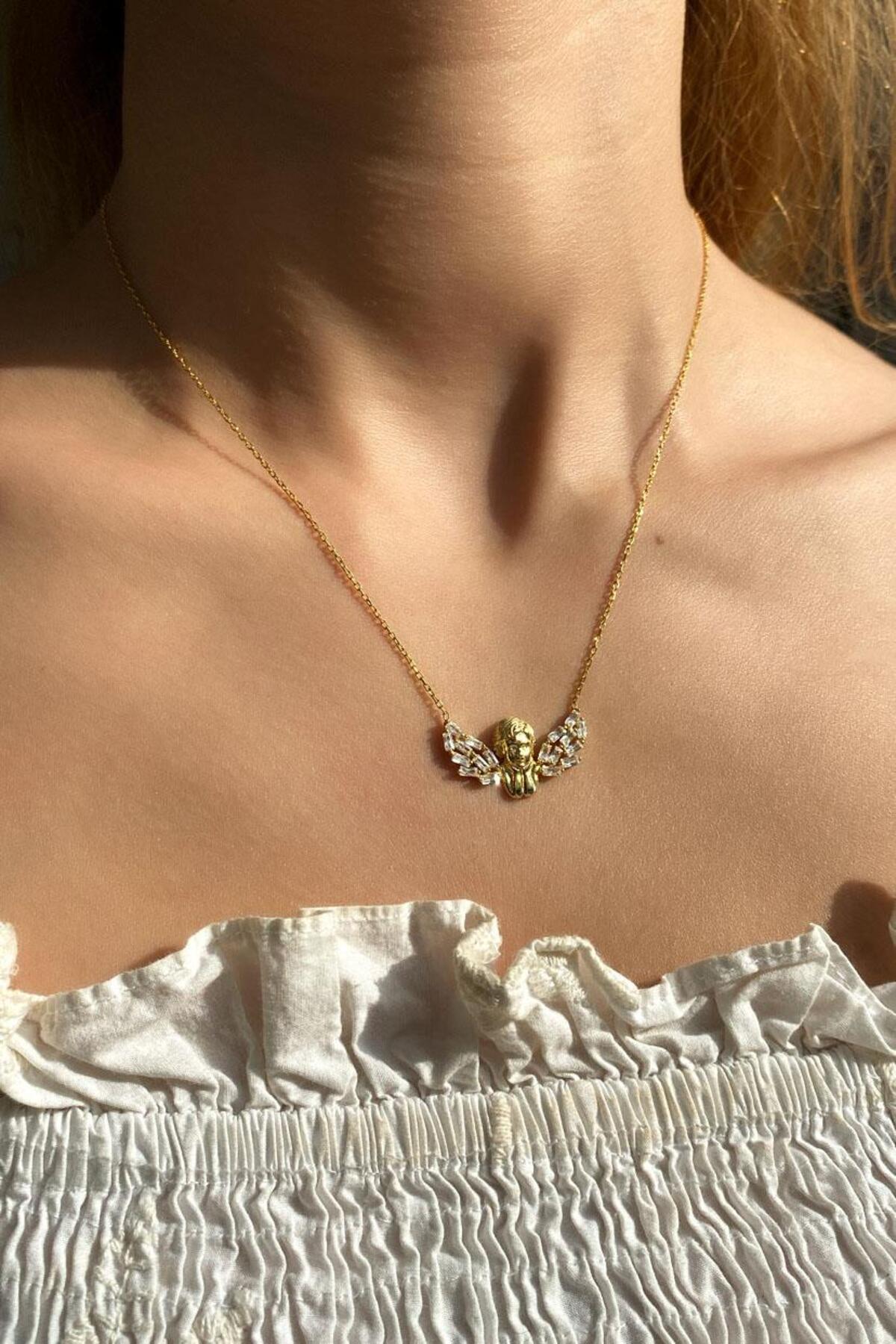 925 Ayar Gümüş, 14 Ayar Gold, Melek Kolye
