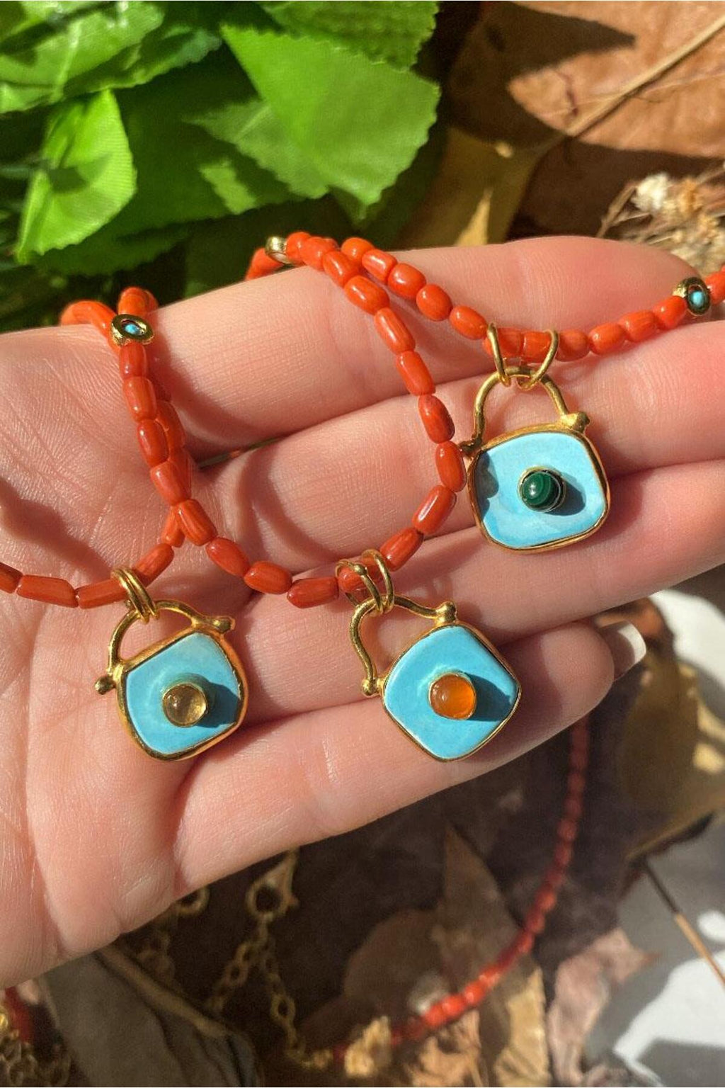 925 Ayar Gümüş, 14 Ayar Gold, Doğal Taşlı, Coral (Mercan) Taşlı, Karneol Taşlı Kolye