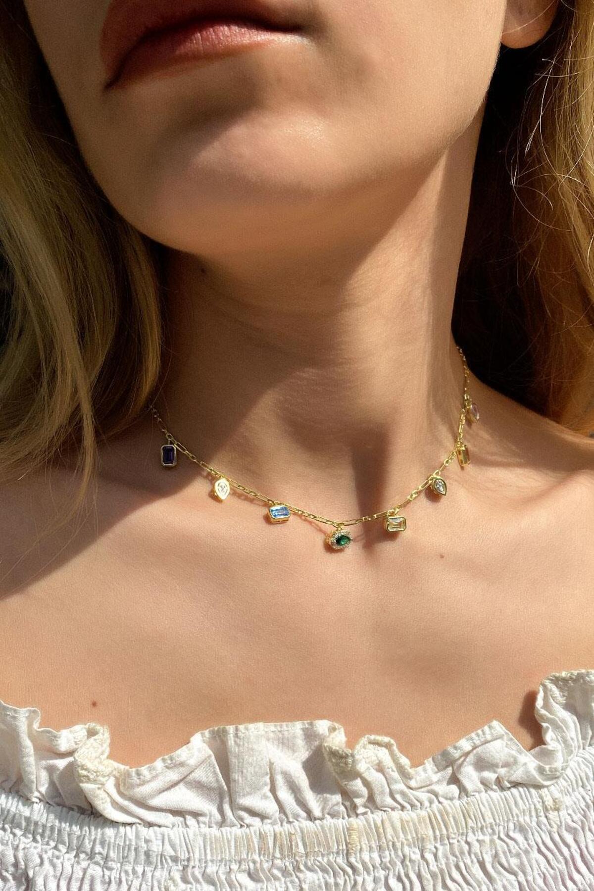 925 Ayar Gümüş, 14 Ayar Gold, Mix/Renkli Baget Taşlı Choker Kolye