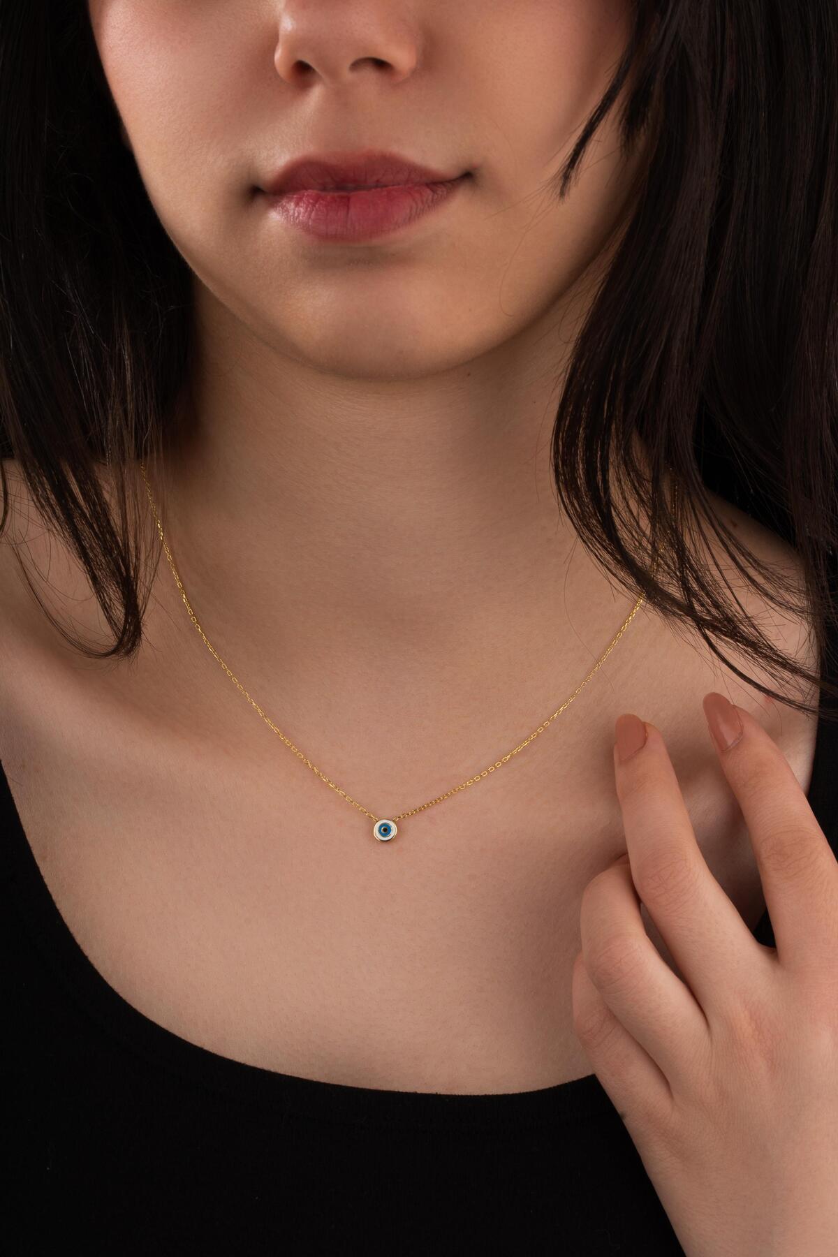 925 Ayar Gümüş, 14 Ayar Gold, Minimal Yuvarlak Nazar Göz Kolye