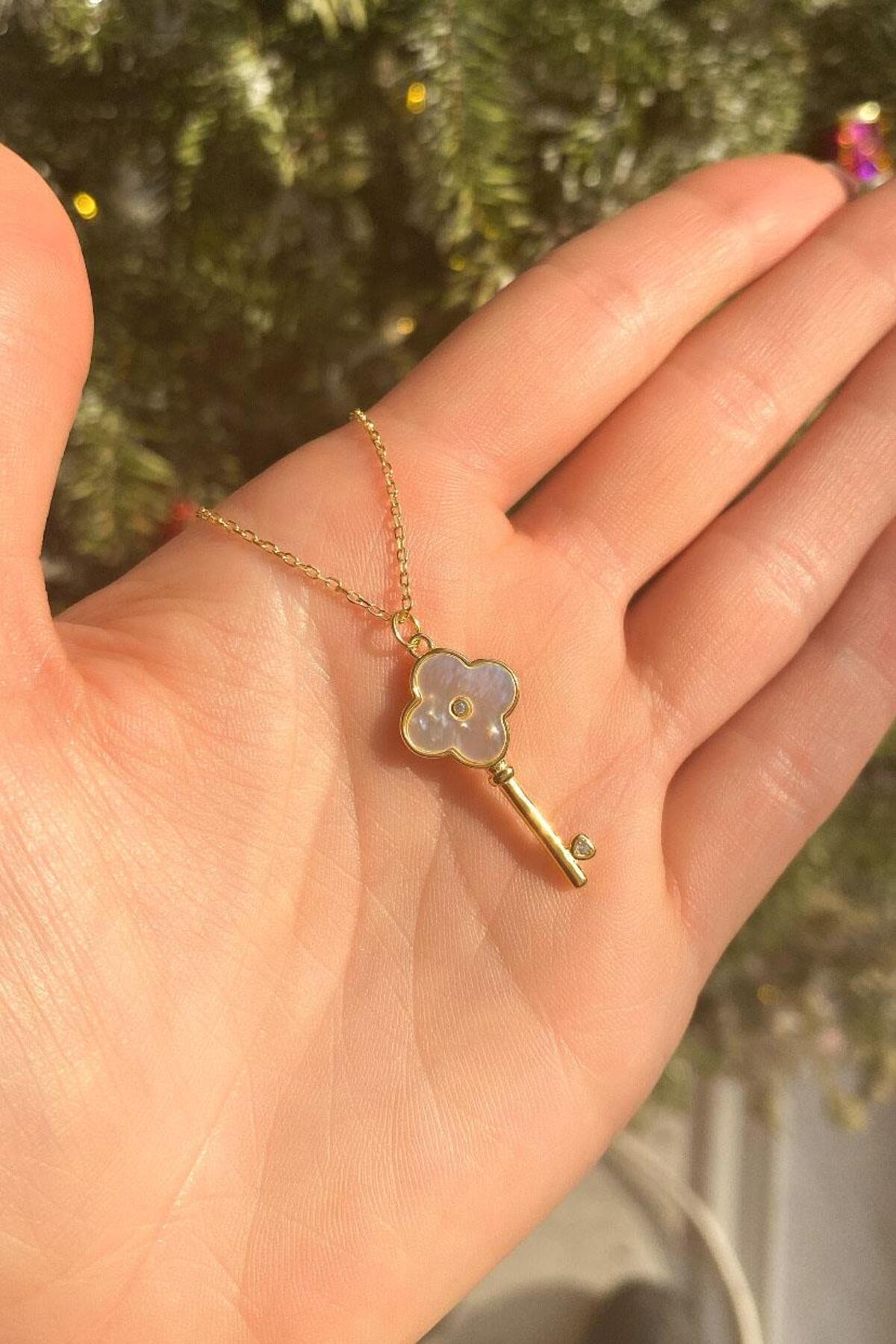 925 Ayar Gümüş, 14 Ayar Gold, Taşlı Anahtar Kolye, Sevgililer Günü