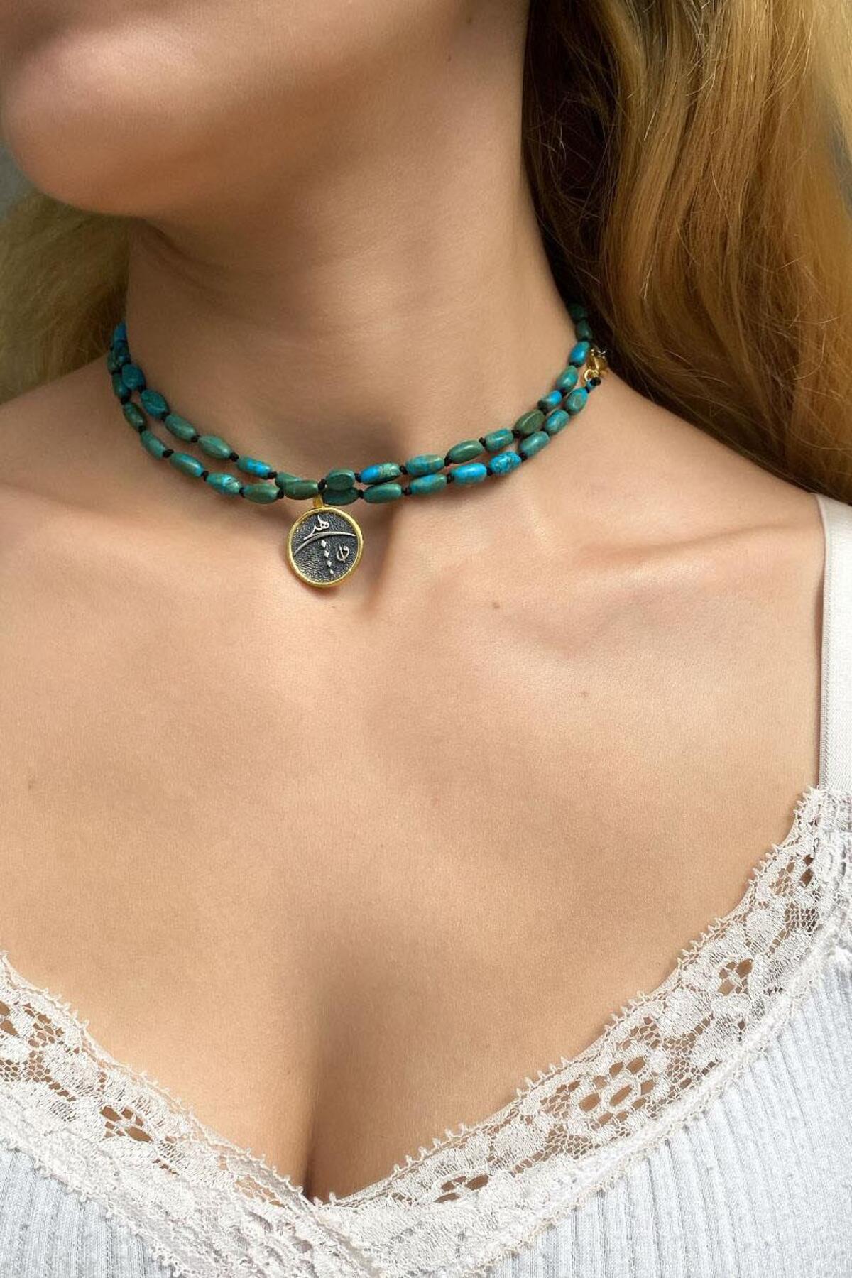 Doğal Taşlı Çift Dolamalı Choker Kolye