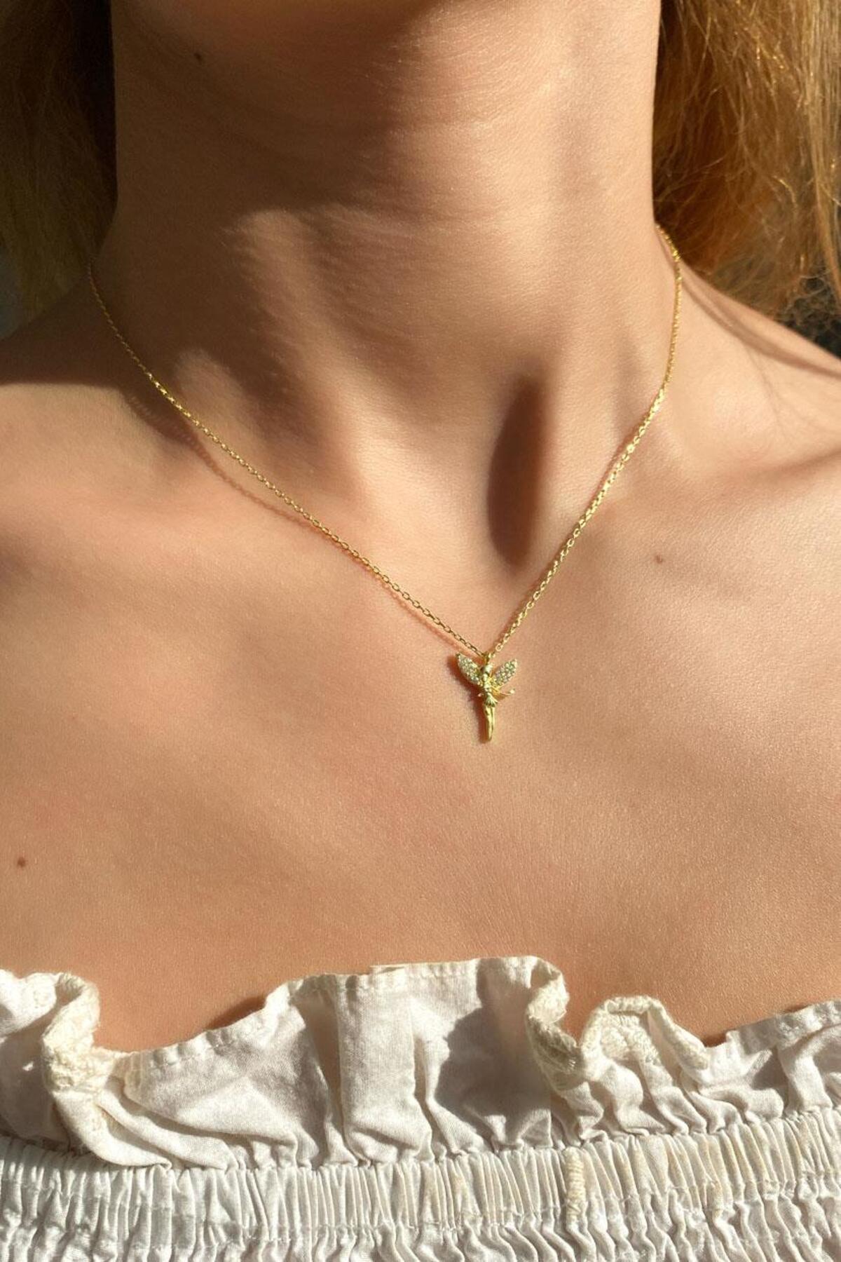 925 Ayar Gümüş, İki Renkli Gold/Silver, Tinker Bell, Peri Kolye, Sevgililer Günü