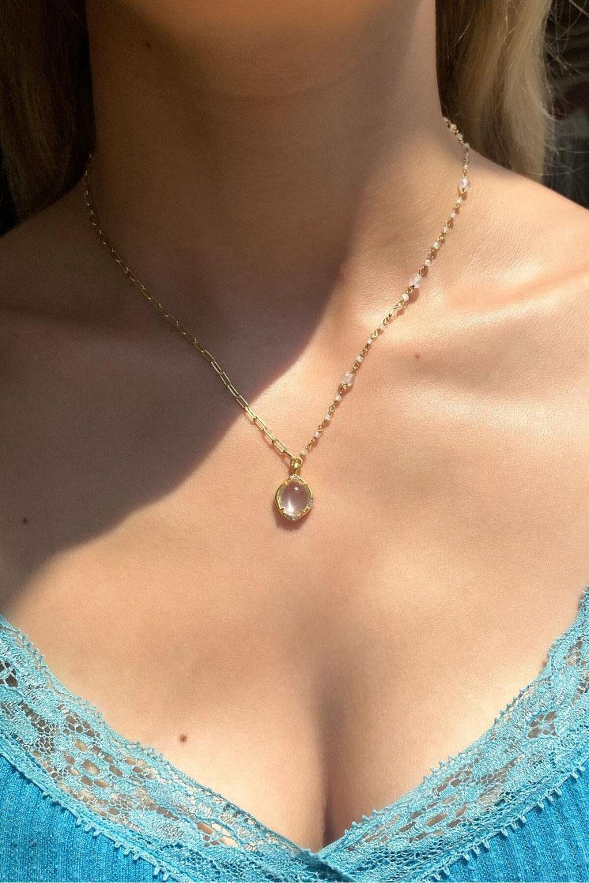 Yarı Zincir, Yarı Quartz Doğal Taşlı Kolye
