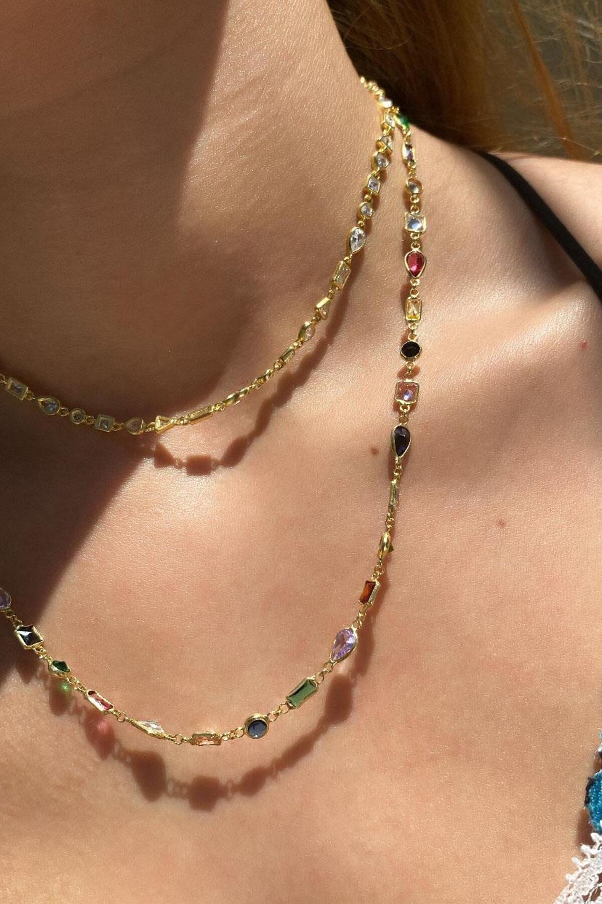 925 Ayar Gümüş, Geometrik Taşlı Choker Kolye