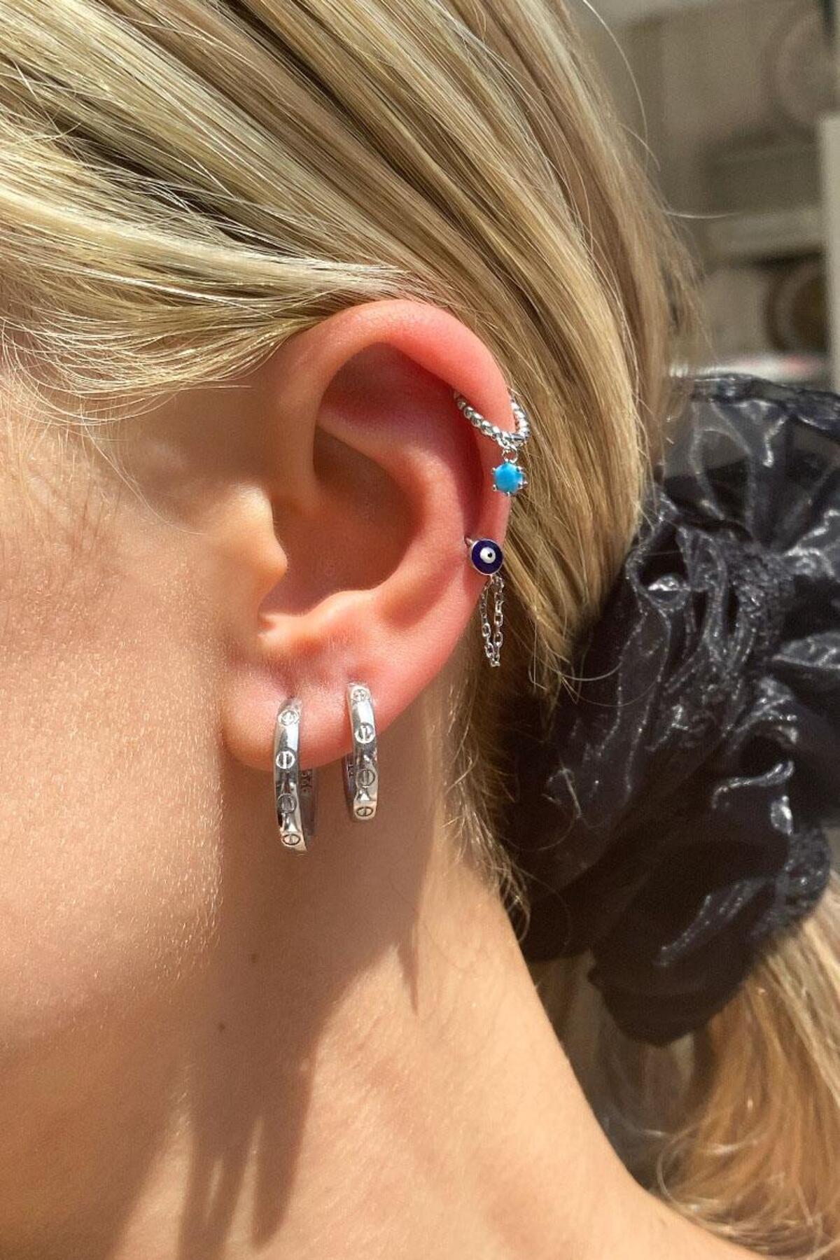 Küçük Boy Mineli Nazar Göz Zincirli Halka Piercing Küpe