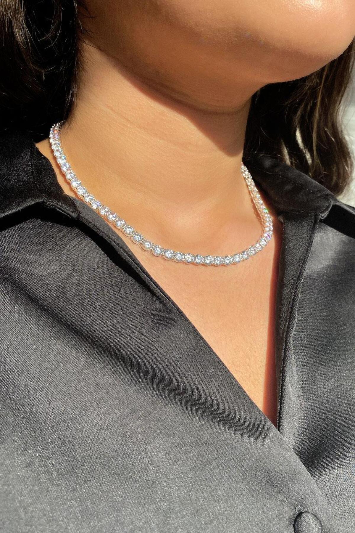 5mm +A Kalite Zirkon Taşlı, Pırlanta Kilit Su Yolu Kolye