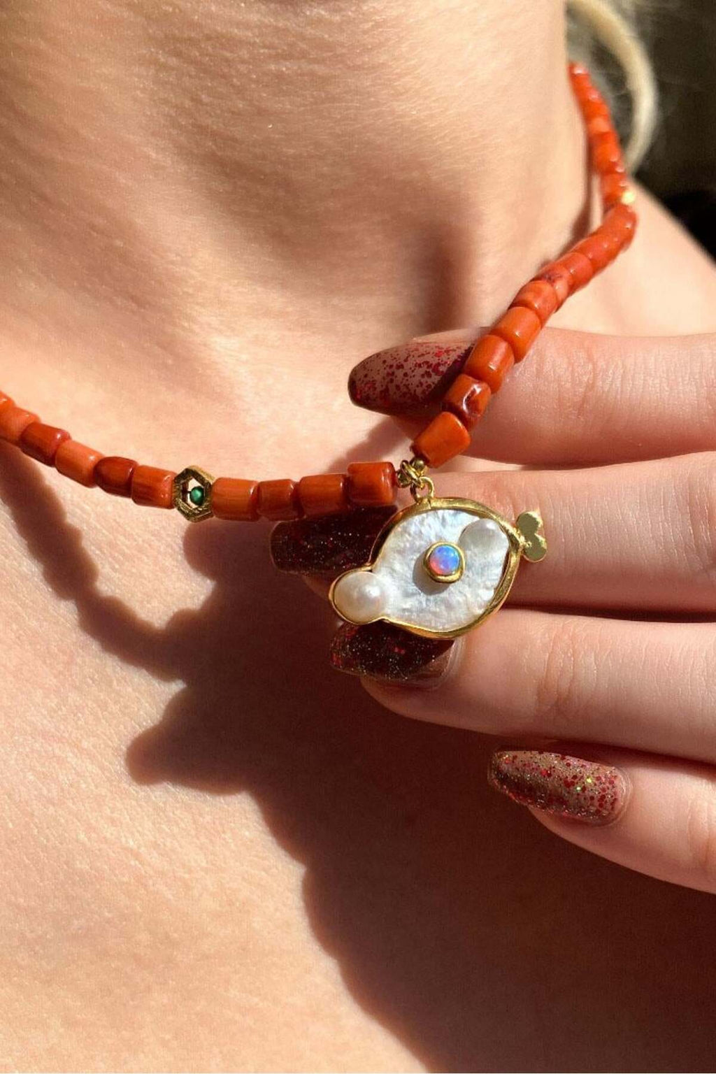 925 Ayar Gümüş, Doğal Taşlı, Coral (Mercan), Opal Taşlı Kolye