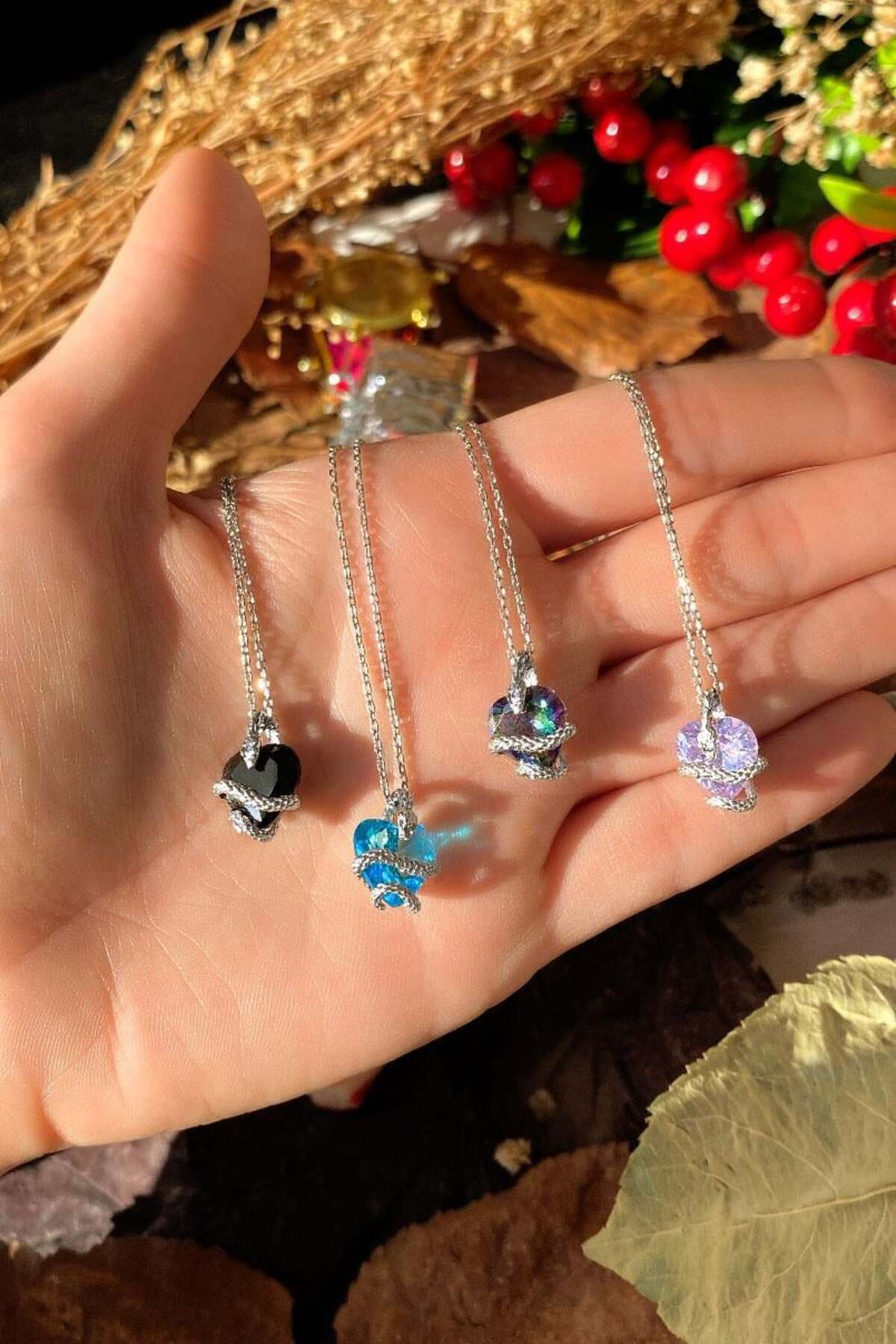 925 Ayar Gümüş, 14 Ayar Gold, Kırmızı Kalpli Yılan Kolye