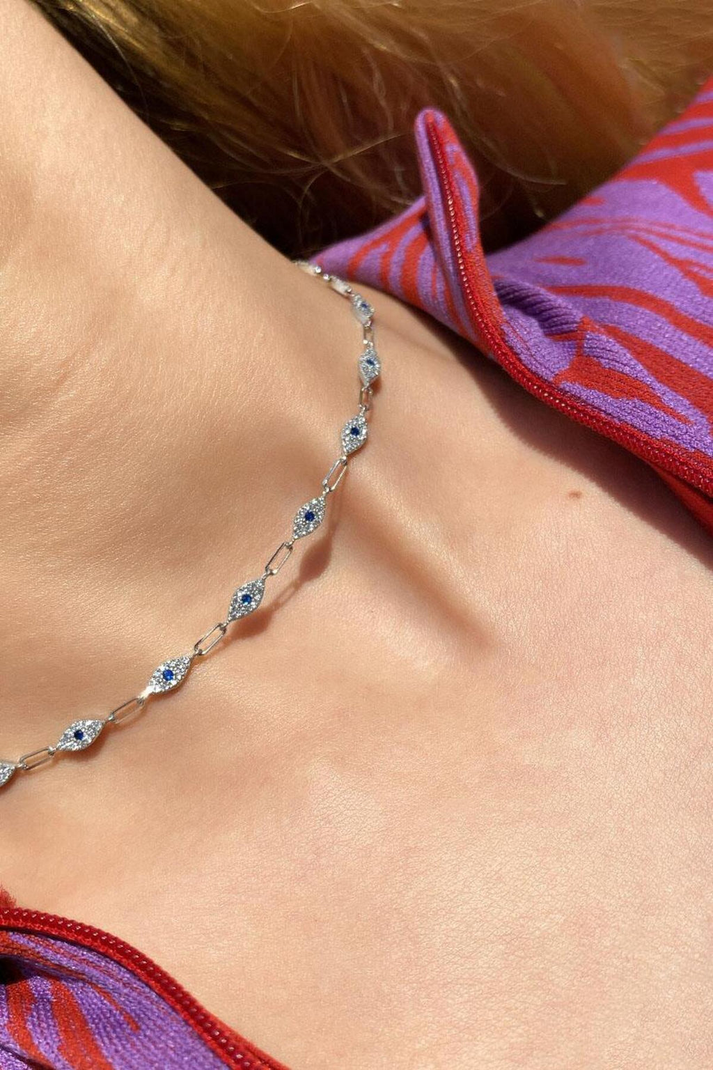 925 Ayar Gümüş, Fuşya Taşlı Göz Choker Kolye