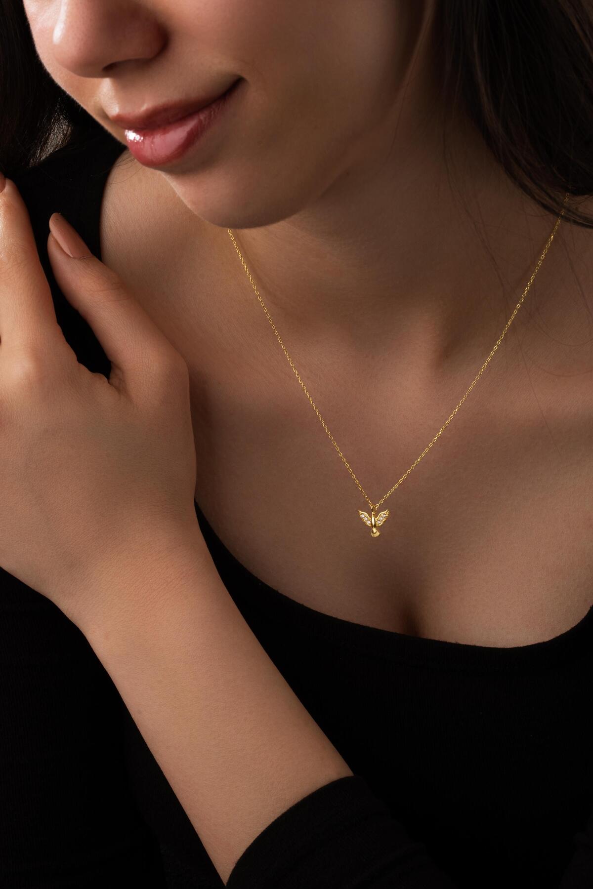 925 Ayar Gümüş, 14 Ayar Gold, Taşlı Minimal Kuş Kolye