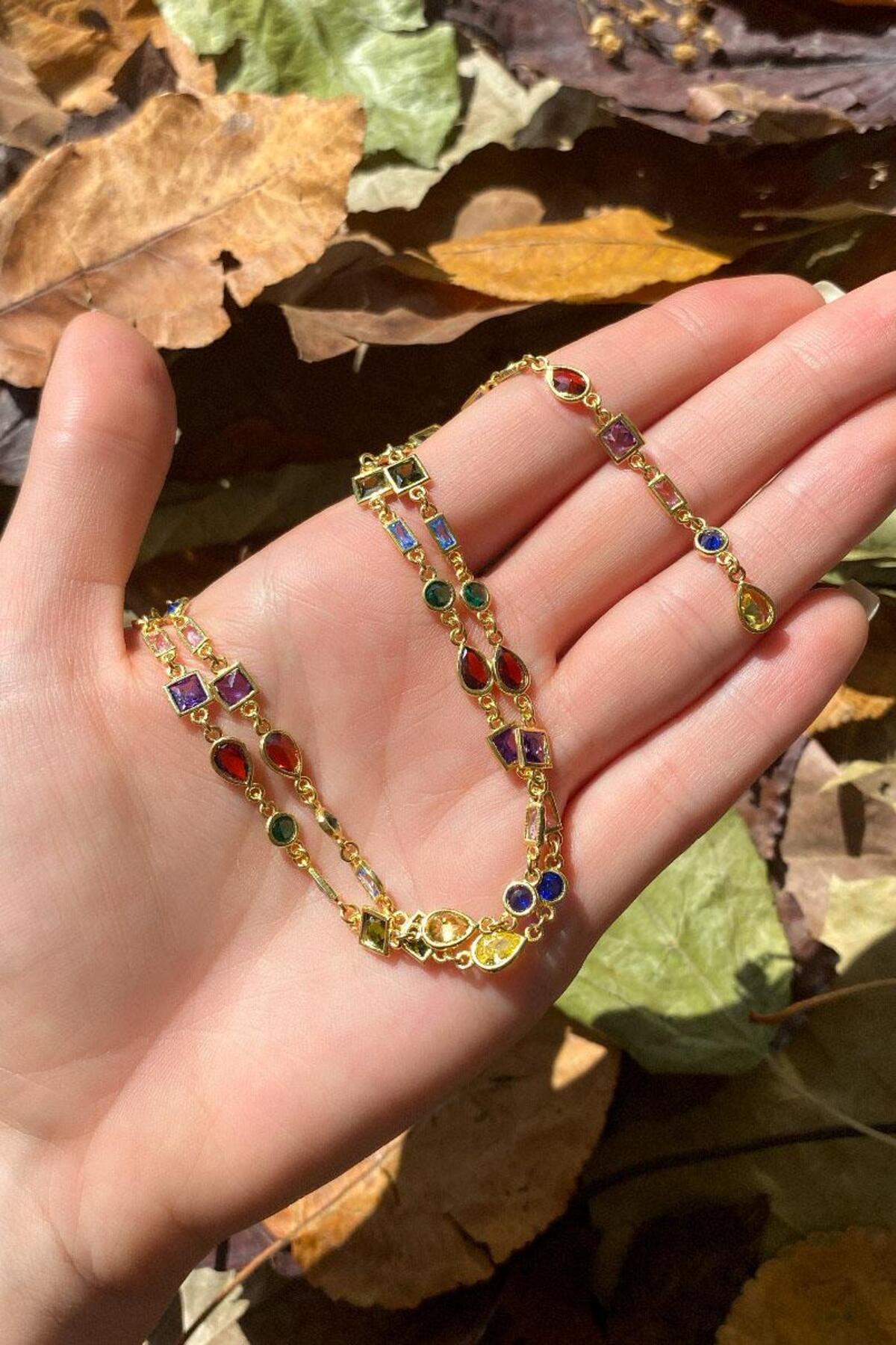 925 Ayar Gümüş, 14 Ayar Gold, Renkli/Mix Geometrik Taşlı Y Kolye