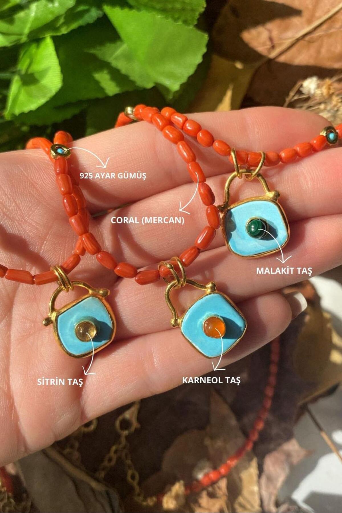 925 Ayar Gümüş, 14 Ayar Gold, Doğal Taşlı, Coral (Mercan) Taşlı, Karneol Taşlı Kolye