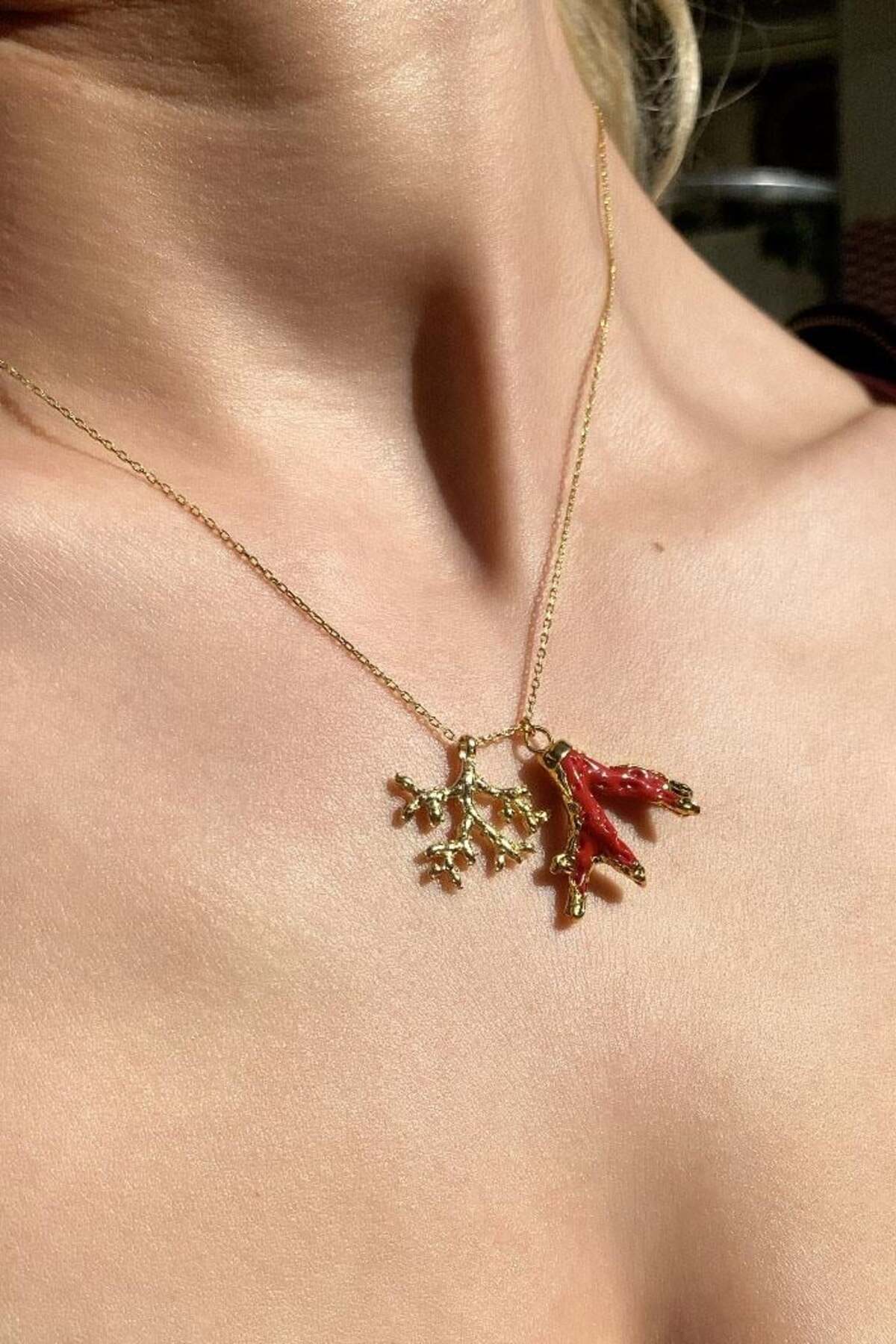 925 Ayar Gümüş, 14 Ayar Gold, Doğal Taşlı, Coral (Mercan) Taşlı, Kolye