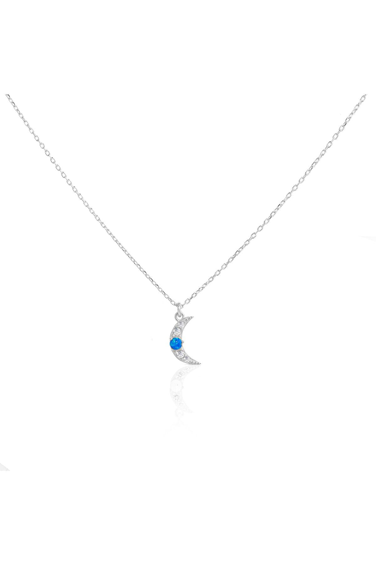 Minimal Mavi Opal Taşlı Ay Kolye