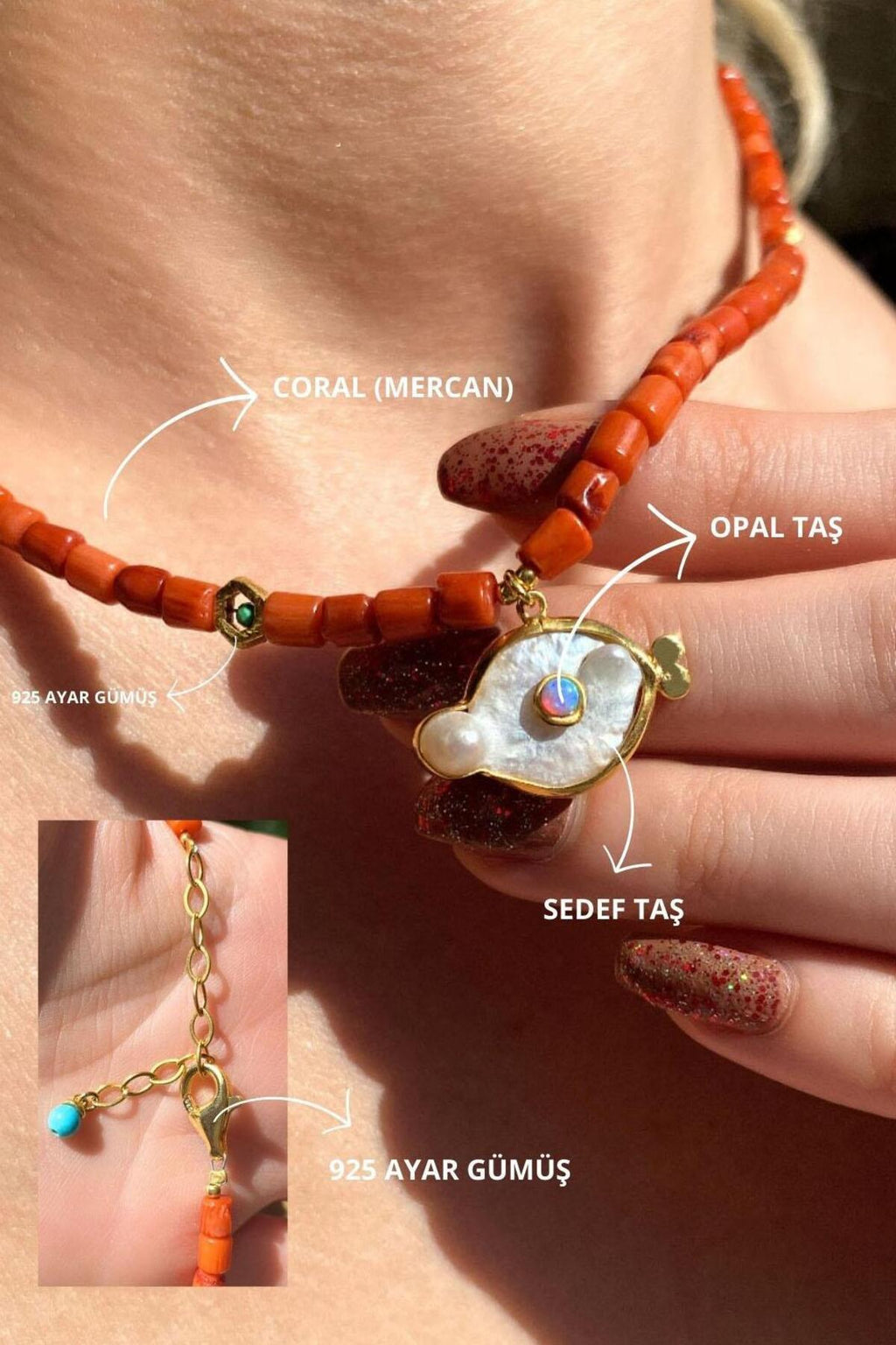 925 Ayar Gümüş, Doğal Taşlı, Coral (Mercan), Opal Taşlı Kolye