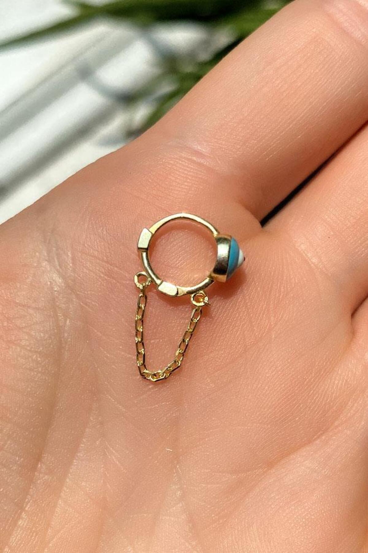 Büyük Boy Mineli Nazar Göz Zincirli Halka Piercing Küpe