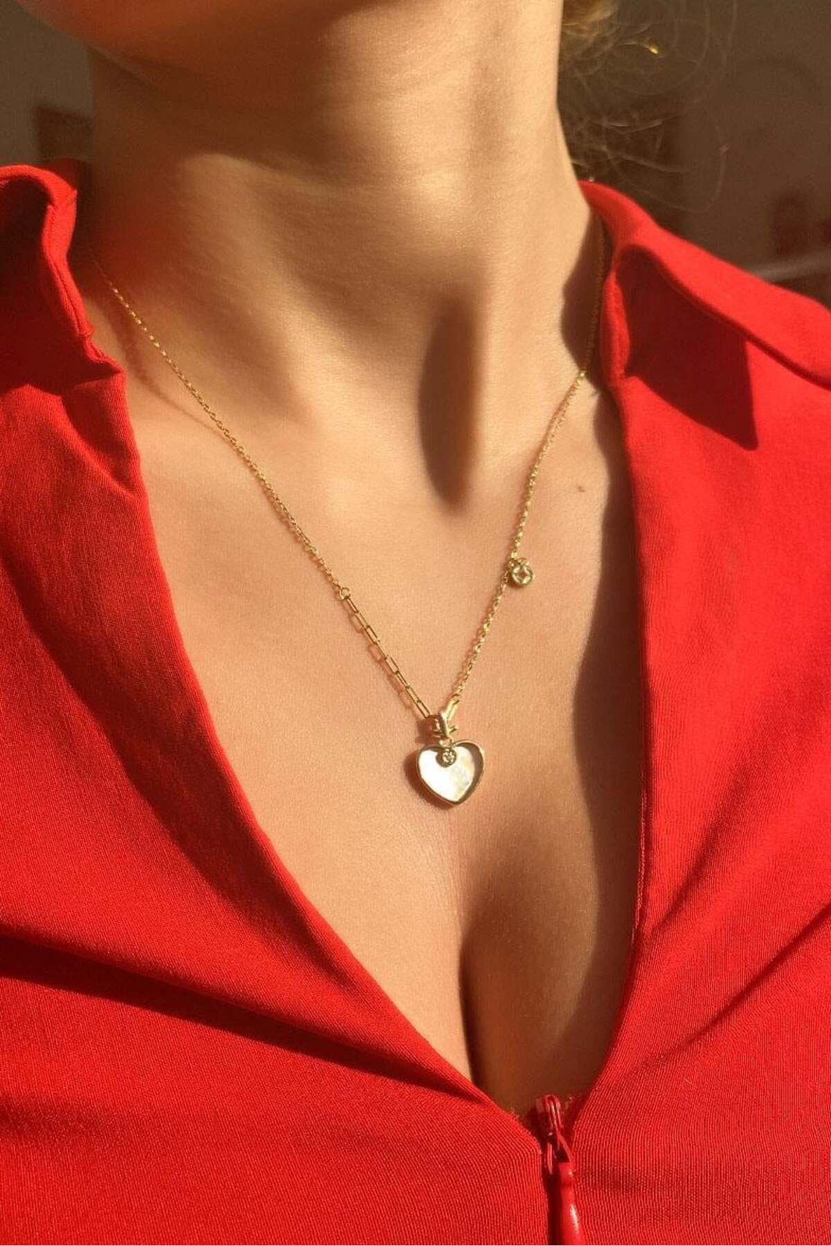 925 Ayar Gümüş, 14 Ayar Gold, Taşlı Kalp Kolye, Sevgililer Günü