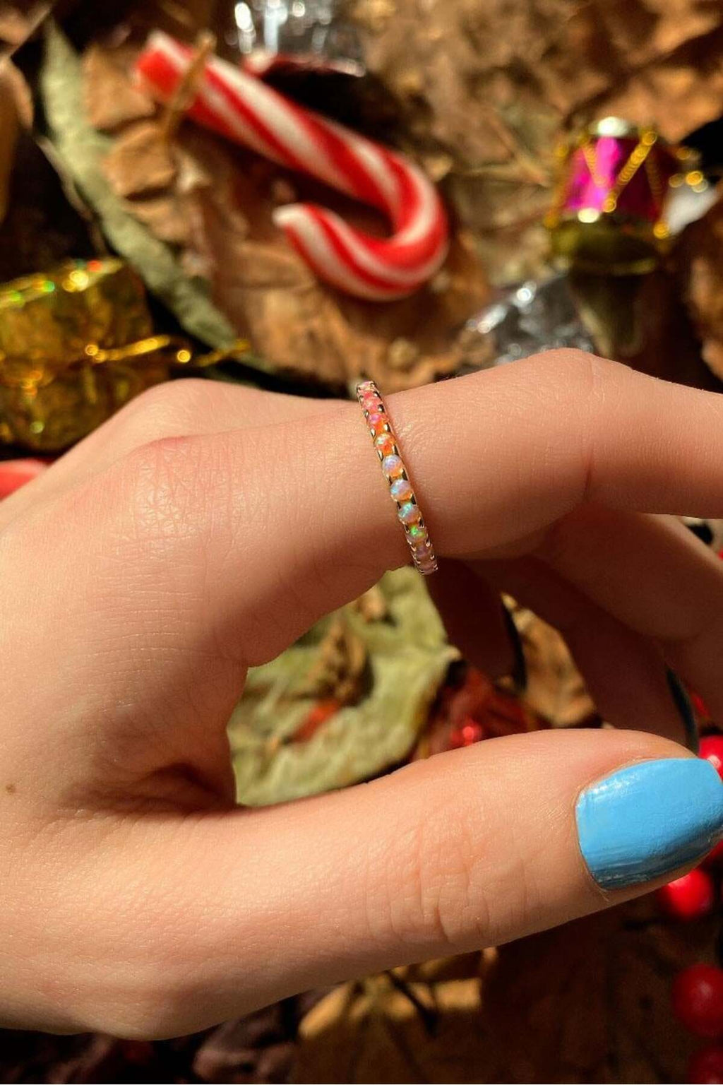 925 Ayar Gümüş, 14 Ayar Gold, Yeşil Opal Taşlı Tam Tur Yüzük