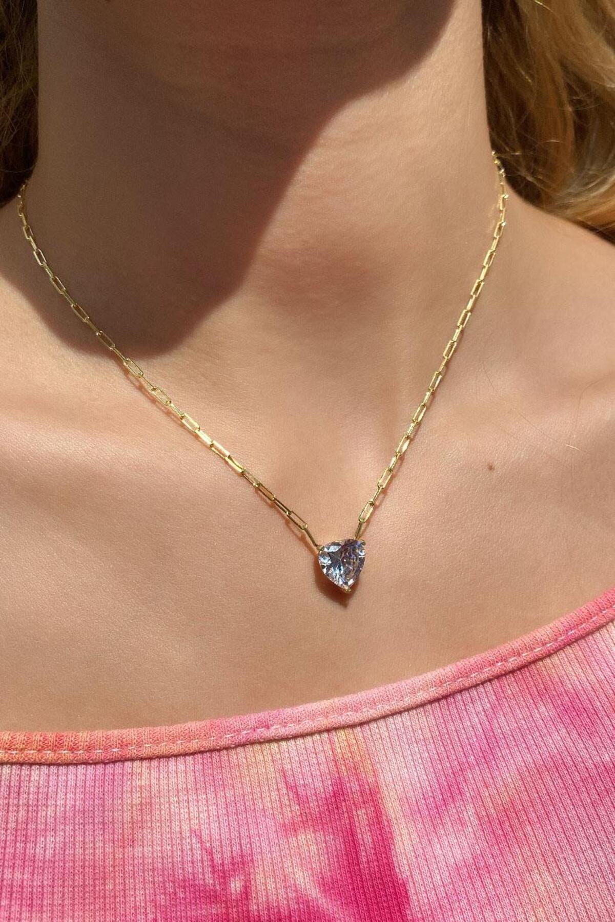 Pembe Taşlı Kalp Choker Kolye