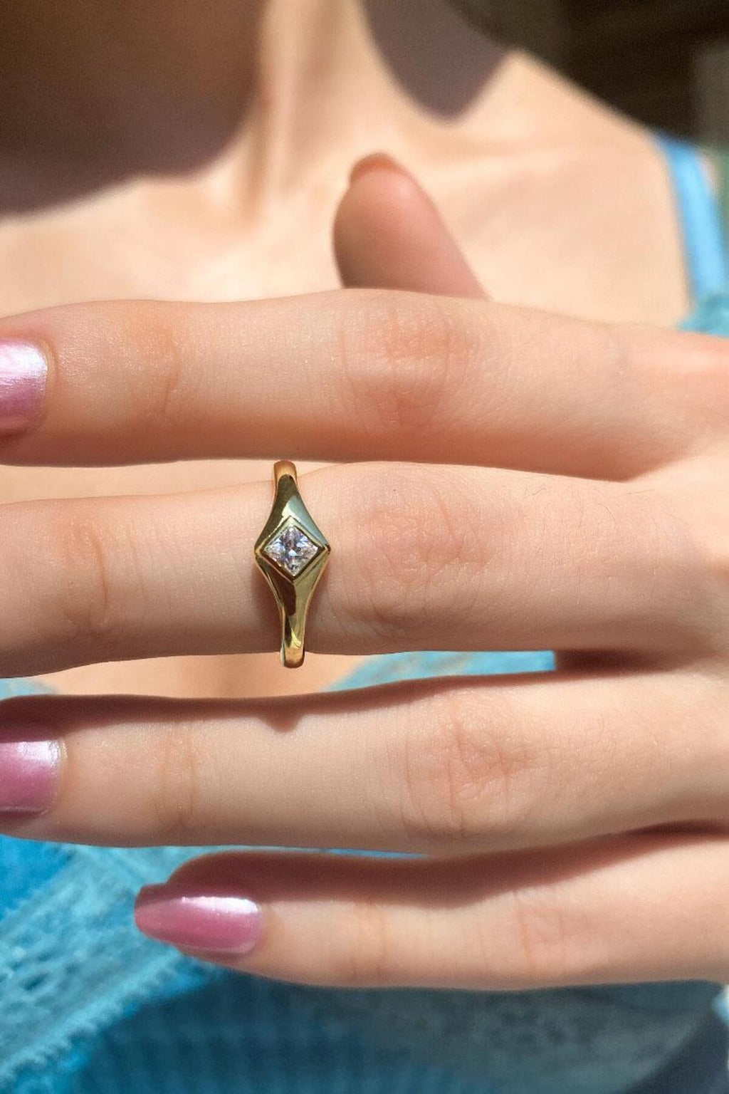 925 Ayar Gümüş, 14 Ayar Gold, Kare Taşlı Eklem/Serçe Parmak Yüzük