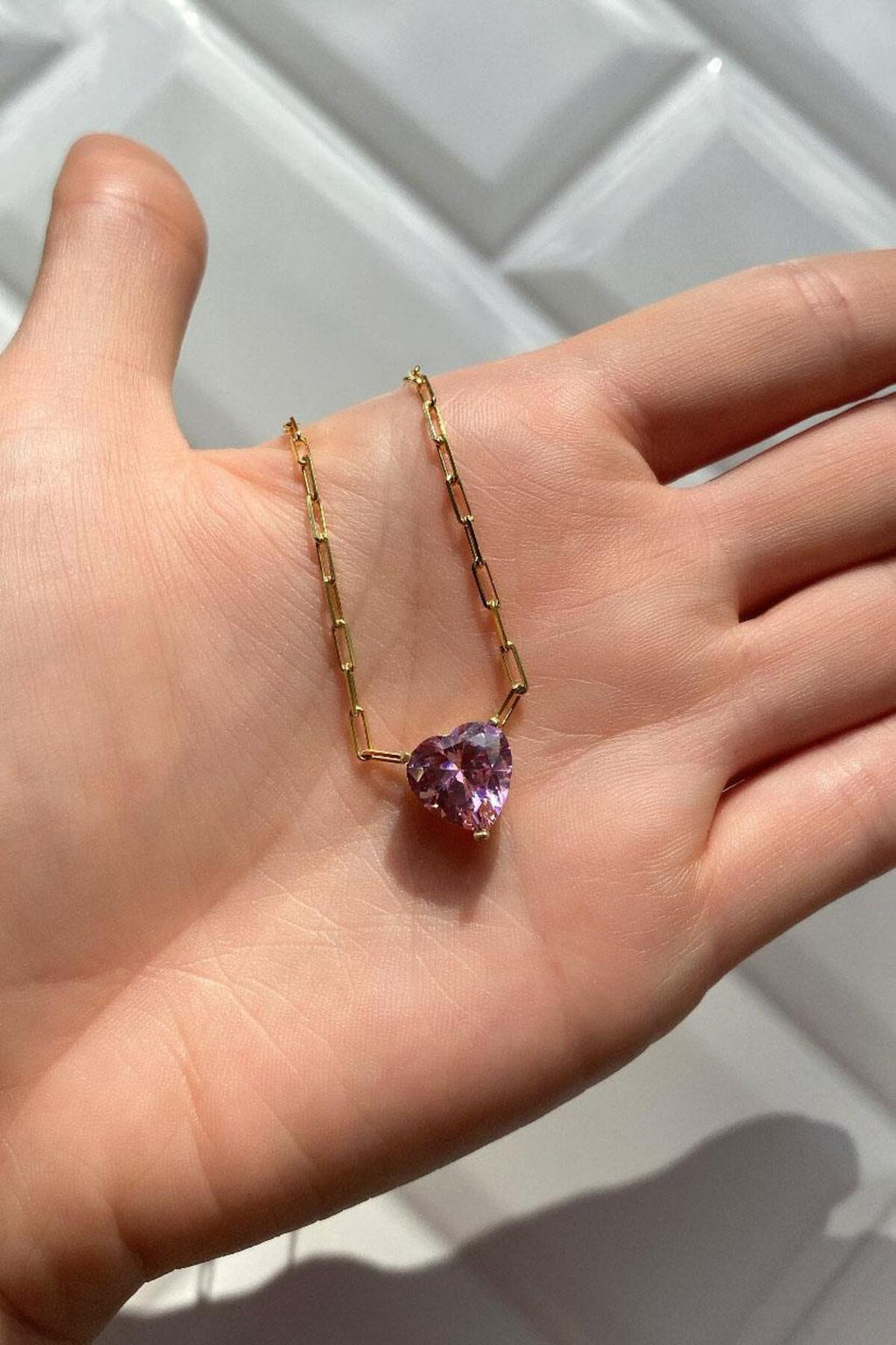 Pembe Taşlı Kalp Choker Kolye