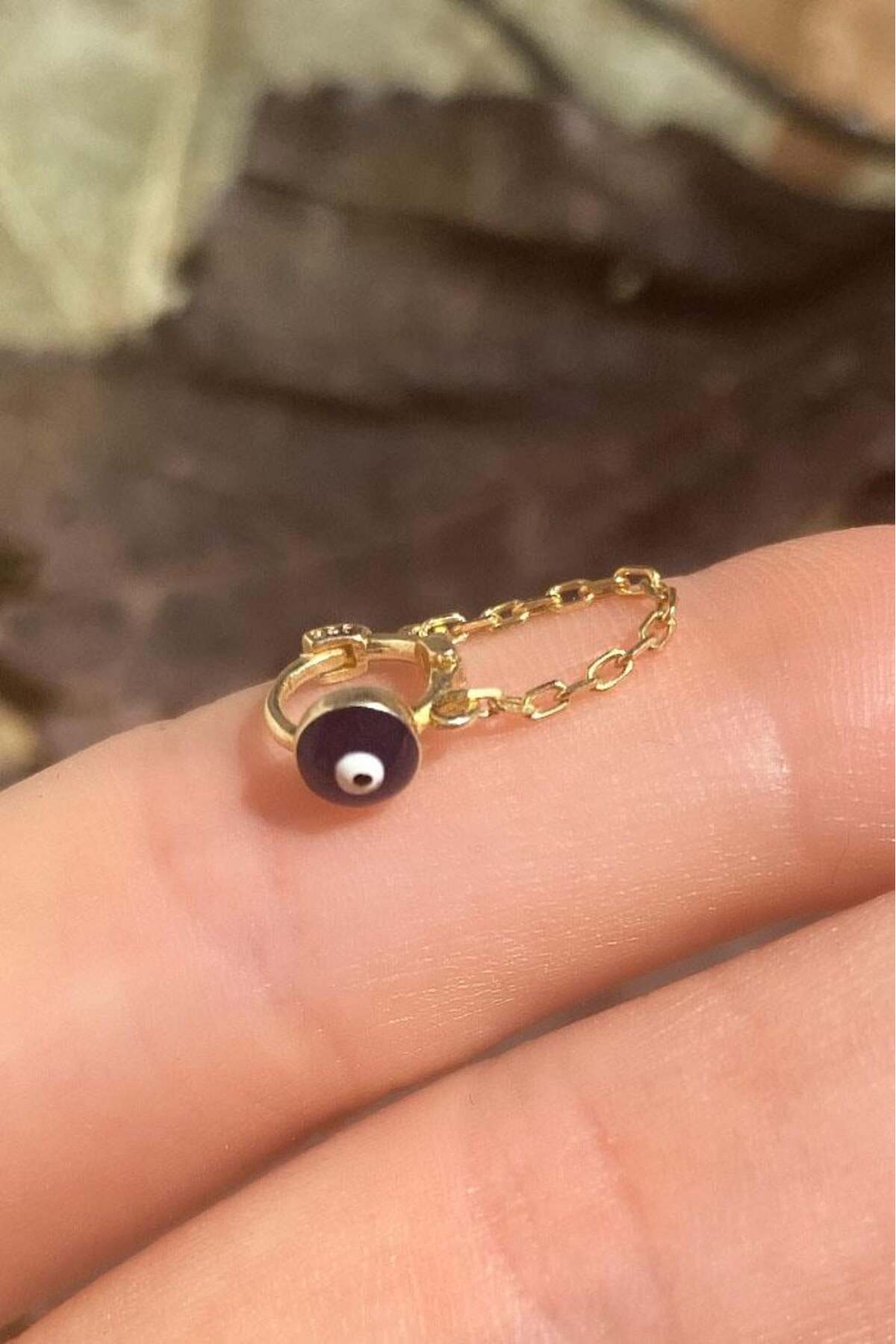 Küçük Boy Mineli Nazar Göz Zincirli Halka Piercing Küpe