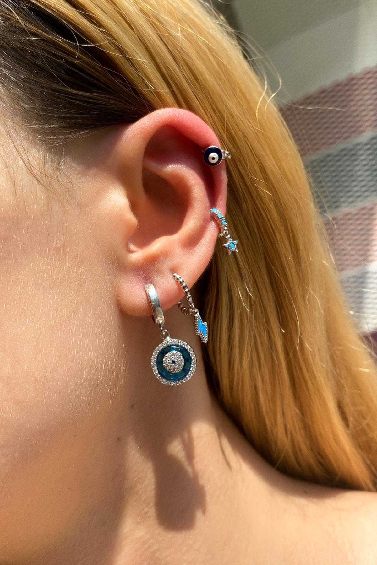 Tekli, Şimşek Mavi Opal Taşlı Piercing Küpe