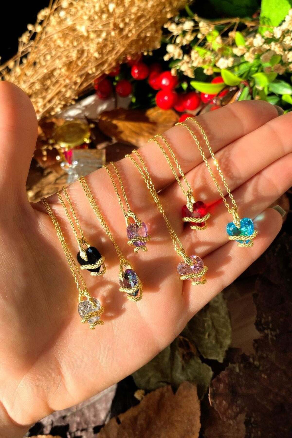 925 Ayar Gümüş, 14 Ayar Gold, Kırmızı Kalpli Yılan Kolye