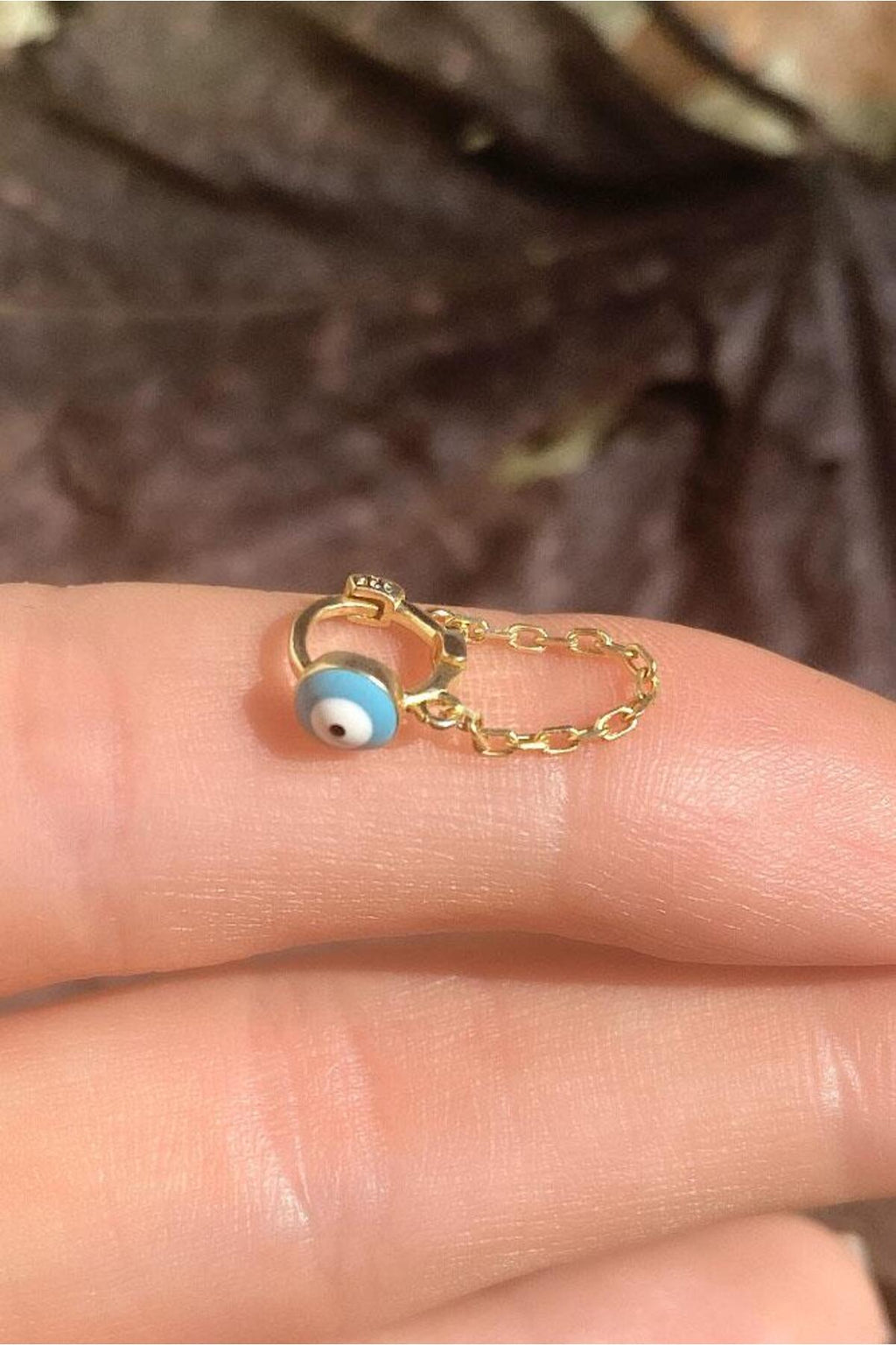 Küçük Boy Mineli Nazar Göz Zincirli Halka Piercing Küpe
