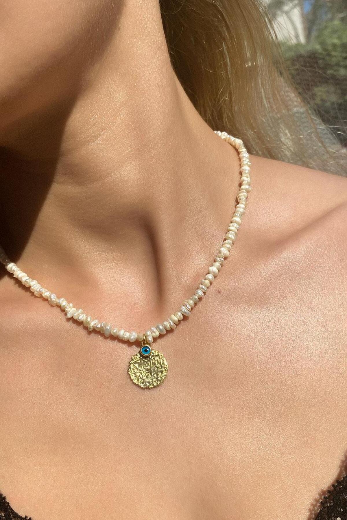 925 Ayar Gümüş, 14 Ayar Gold, Nazar Gözlü Gerçek İnci Choker Kolye