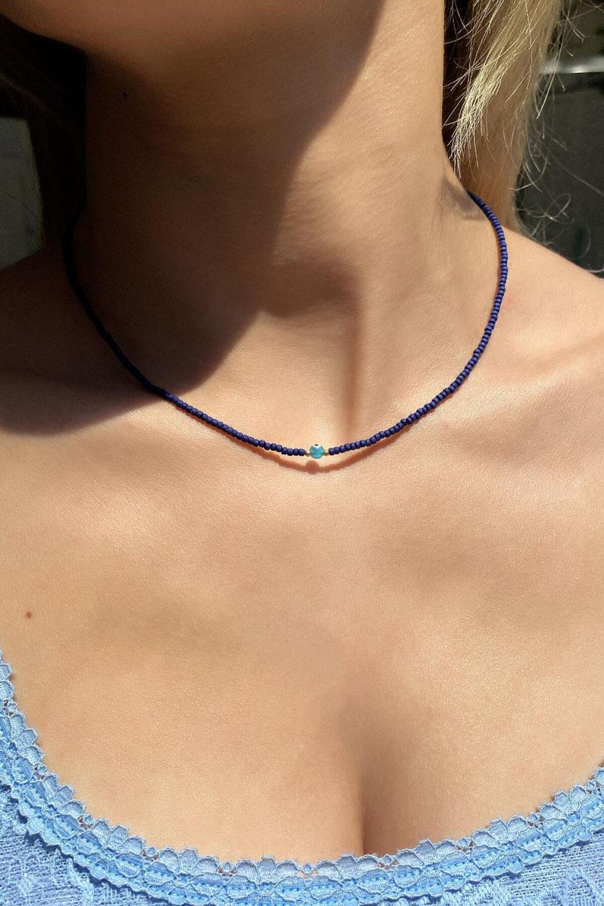 Kiremit Doğal Taşlı Nazar Gözlü Choker Kolye