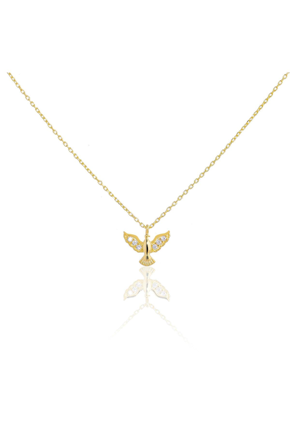 925 Ayar Gümüş, 14 Ayar Gold, Taşlı Minimal Kuş Kolye