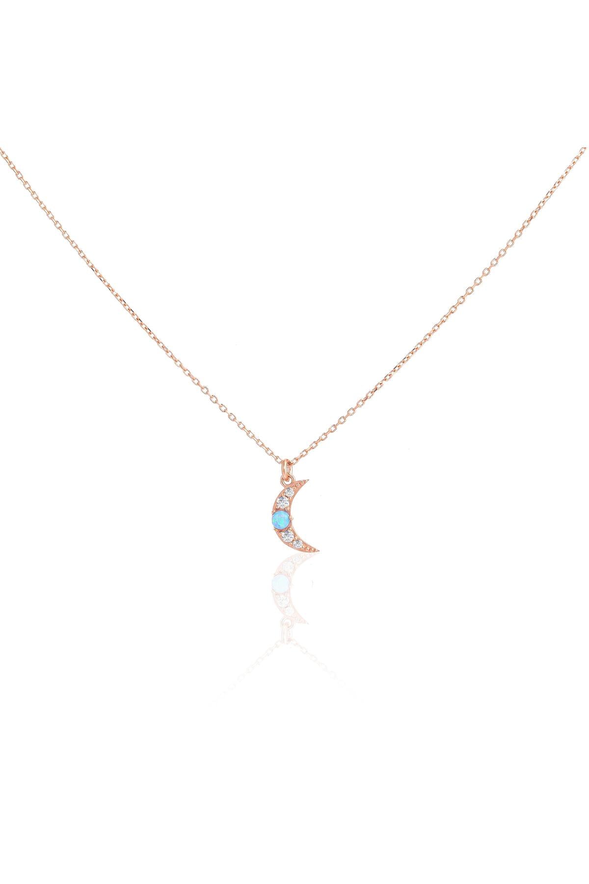 Minimal Mavi Opal Taşlı Ay Kolye